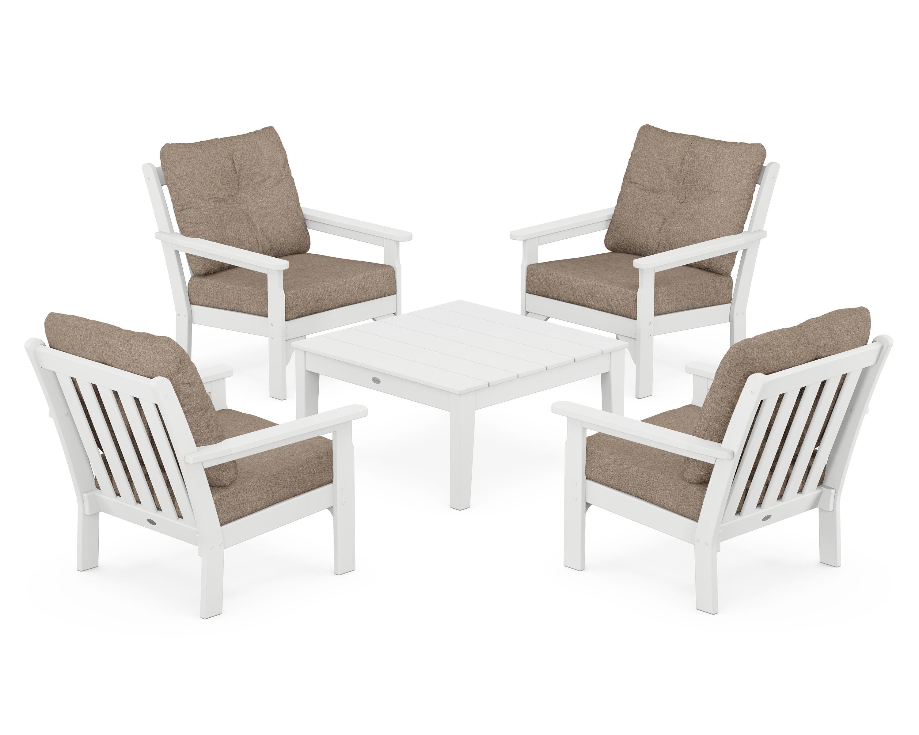 POLYWOOD® Vineyard 5-Piece Deep Seating Conversation Set in White / Spiced Burlap
