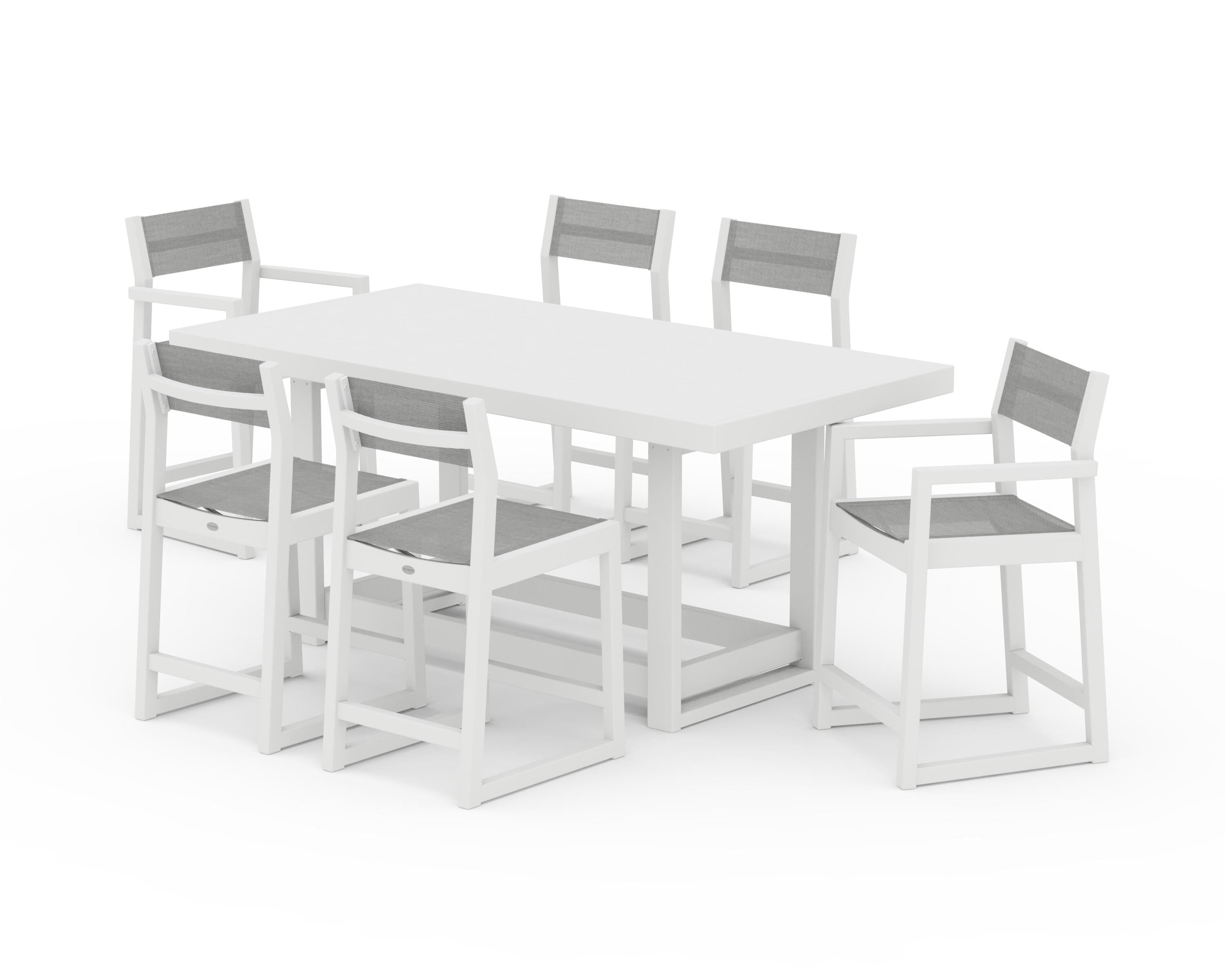 POLYWOOD® EDGE Sling 7-Piece Counter Table Set in White / Metallic Sling