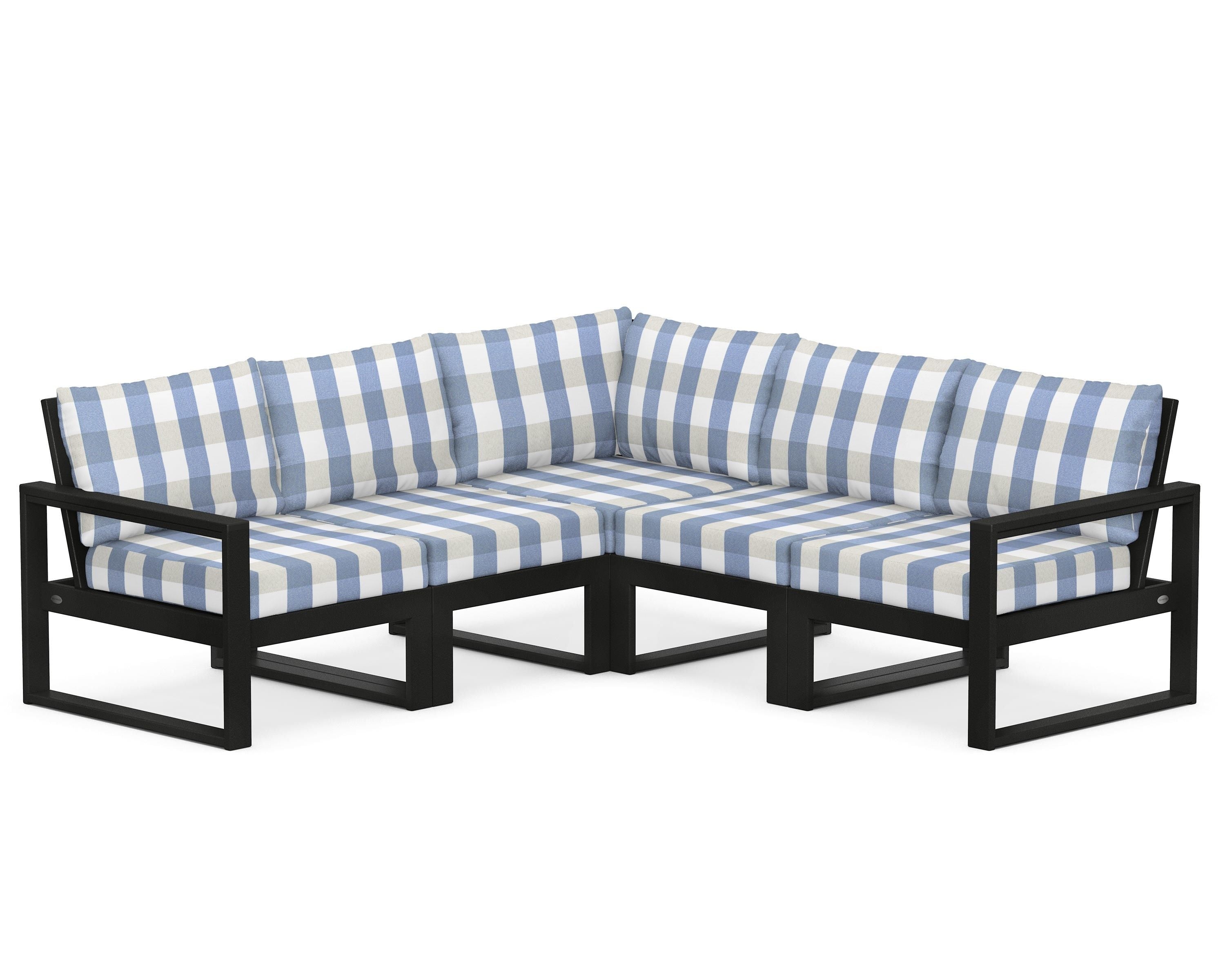 POLYWOOD® EDGE 5-Piece Modular Deep Seating Set in Black / Buffalo Plaid Sky Blue