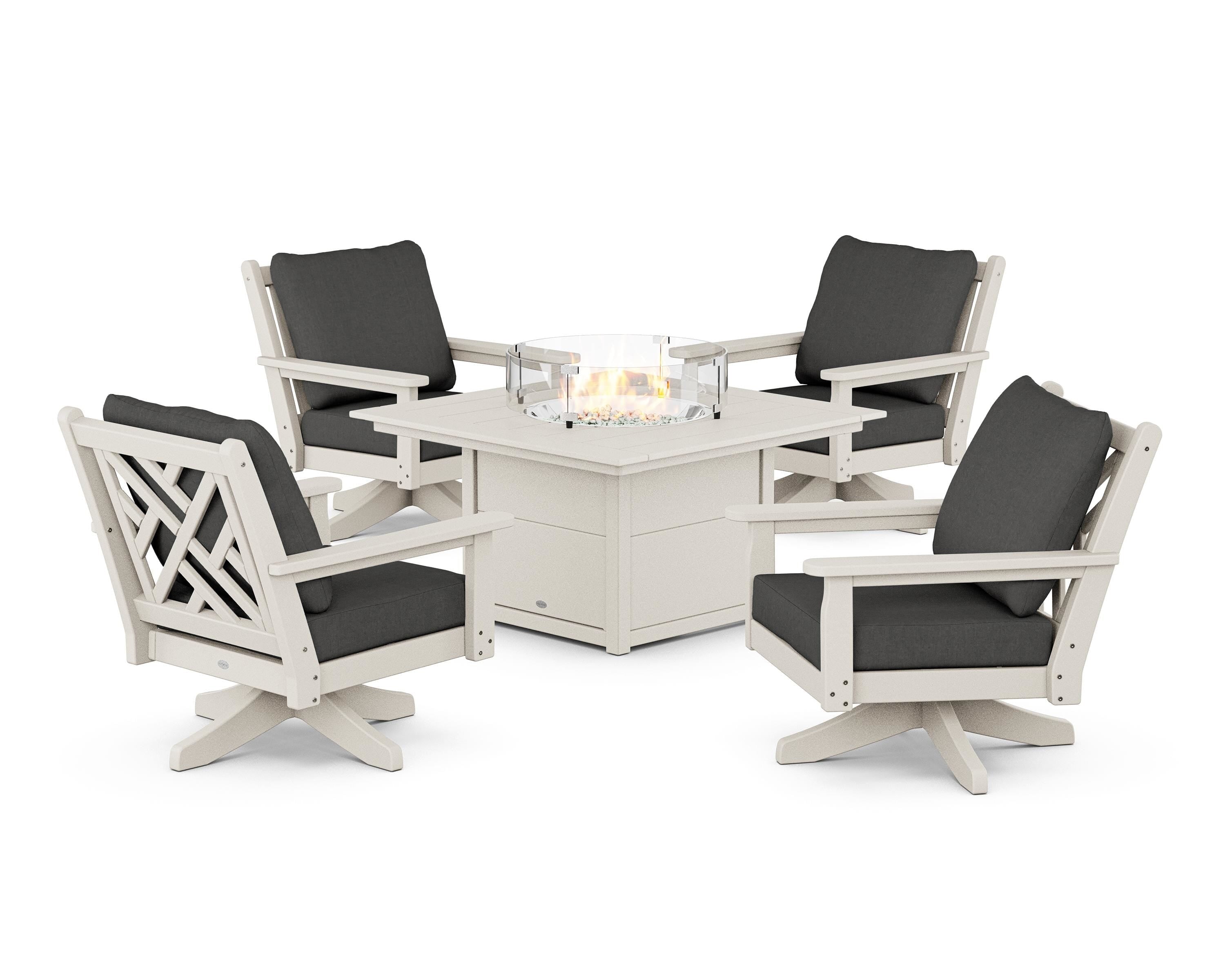POLYWOOD® Chippendale 5-Piece Deep Seating Swivel Conversation Set with Fire Pit Table in Sand / Spectrum Carbon