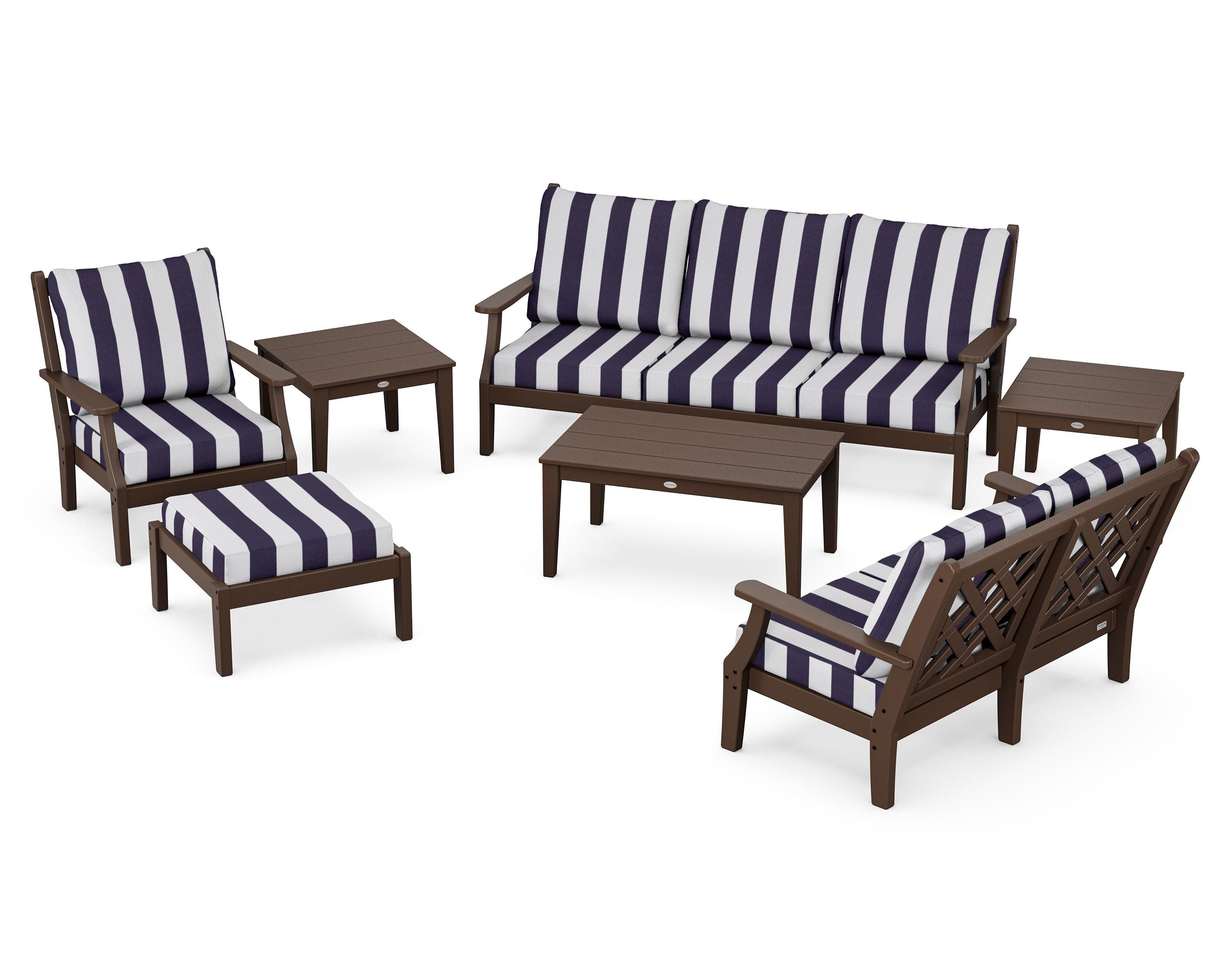 Country Living Wovendale 7-Piece Deep Seating Set in Mahogany / Cabana Stripe Navy