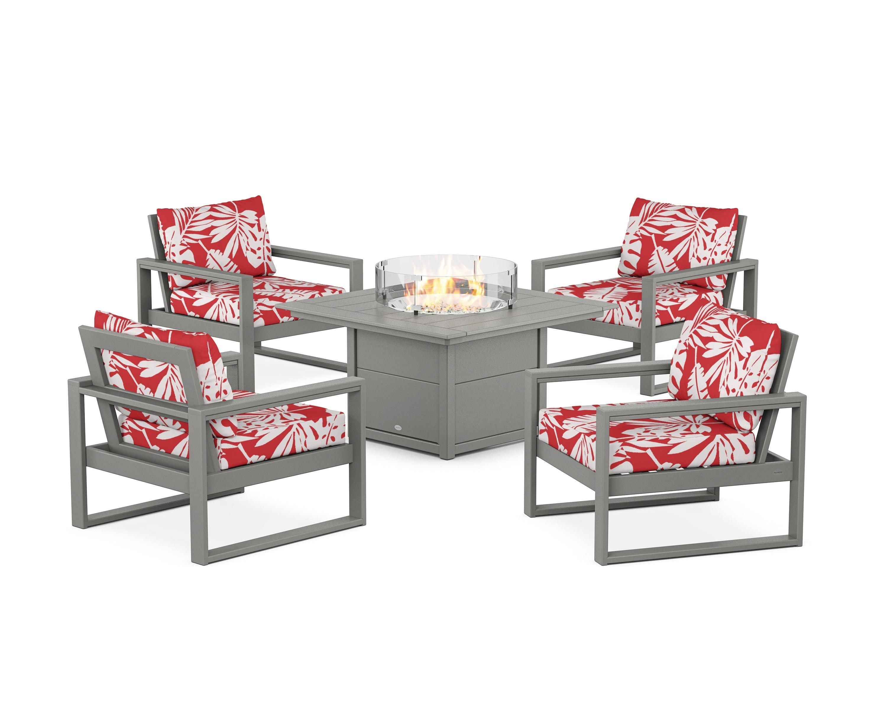 POLYWOOD® EDGE Sectional 5-Piece Deep Seating Set with Fire Pit Table in Slate Grey / Leaf Crimson