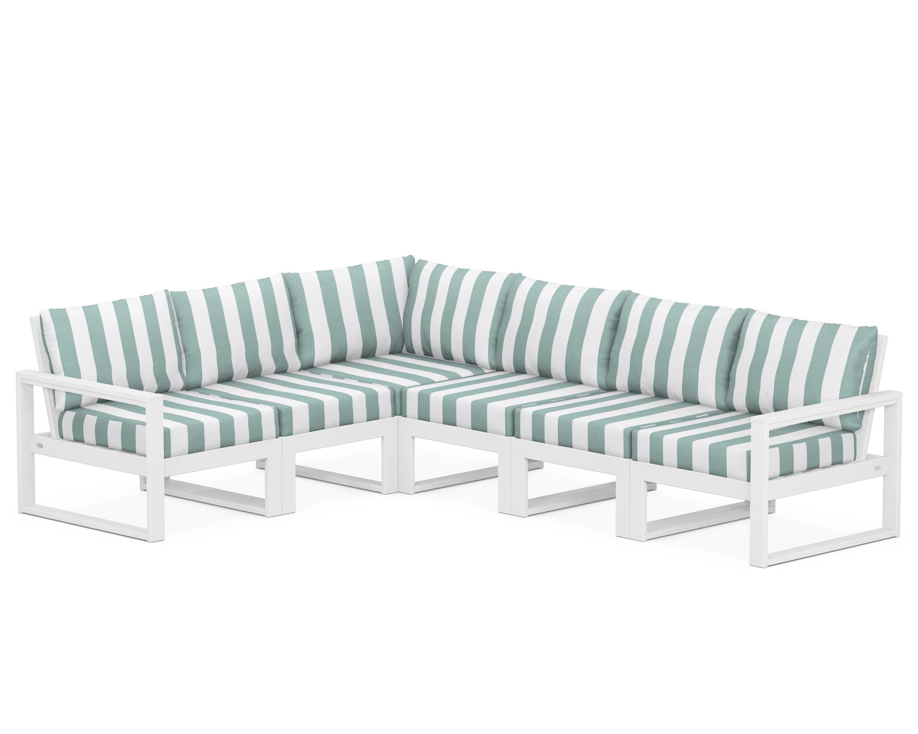 POLYWOOD® EDGE 6-Piece Modular Deep Seating Set in White / Cabana Stripe Glacier Spa