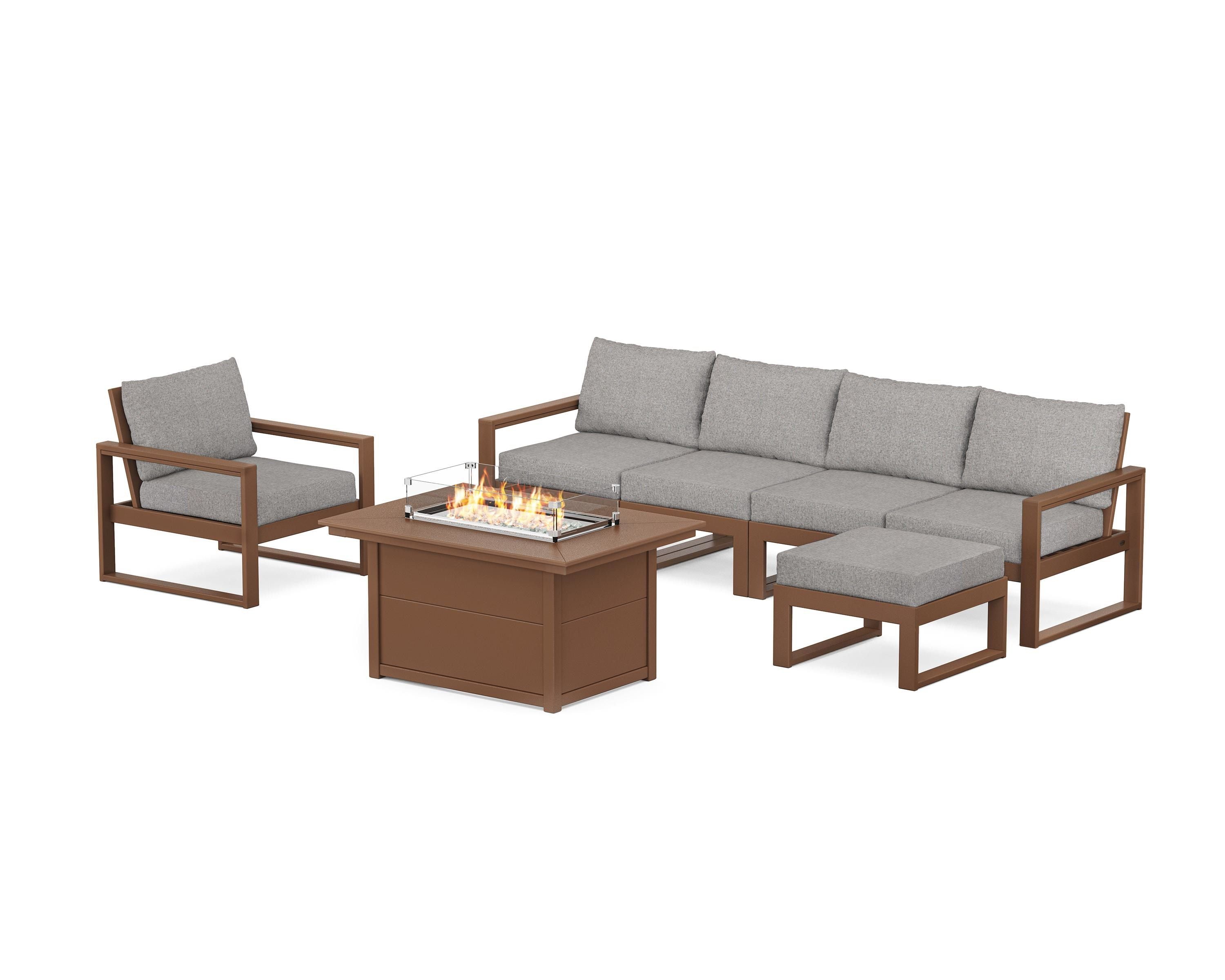 POLYWOOD® EDGE Sectional Lounge and Fire Pit Set in Teak / Grey Mist