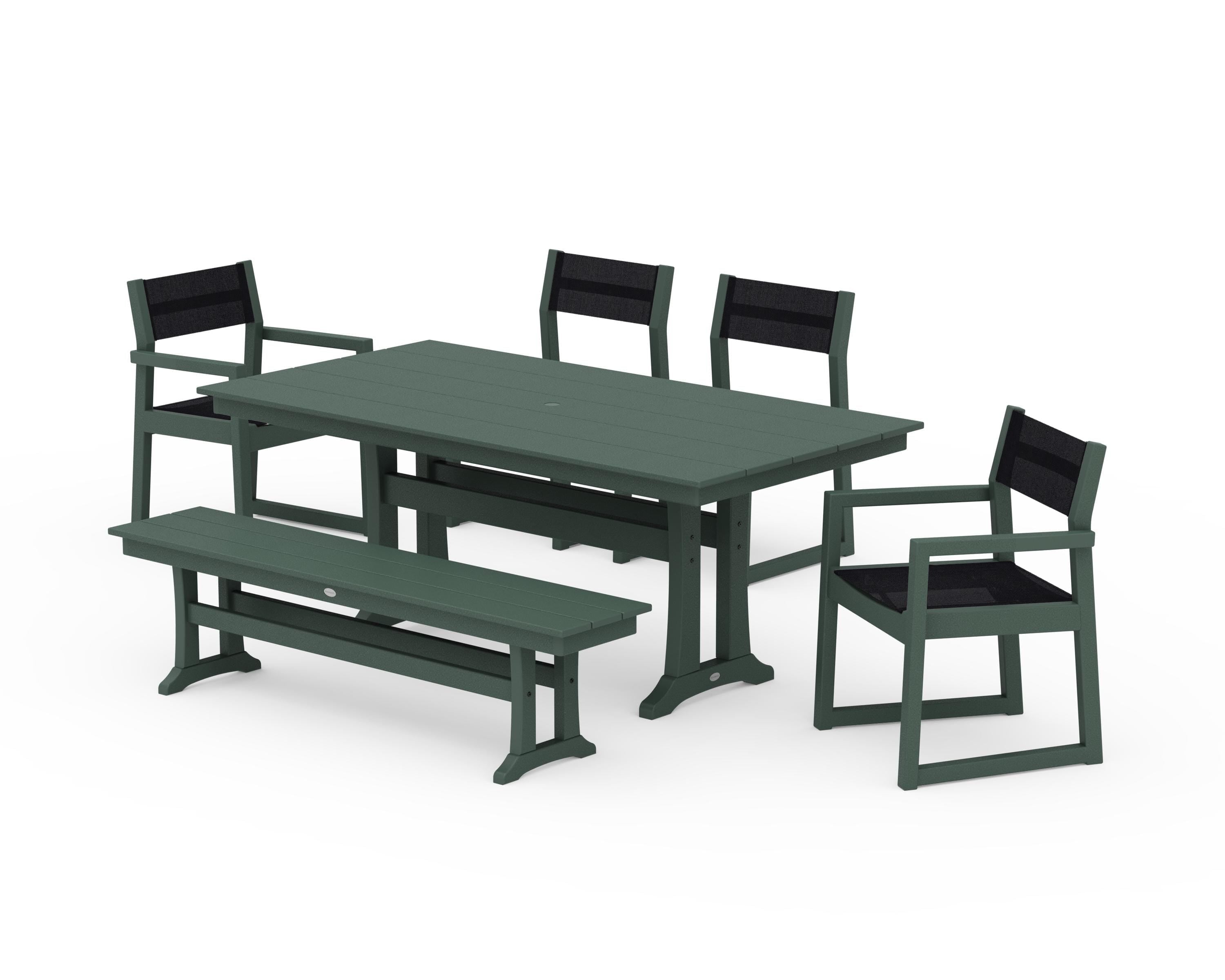 POLYWOOD® EDGE Sling 6-Piece Farmhouse Dining Set With Trestle Legs in Green / Black Sling
