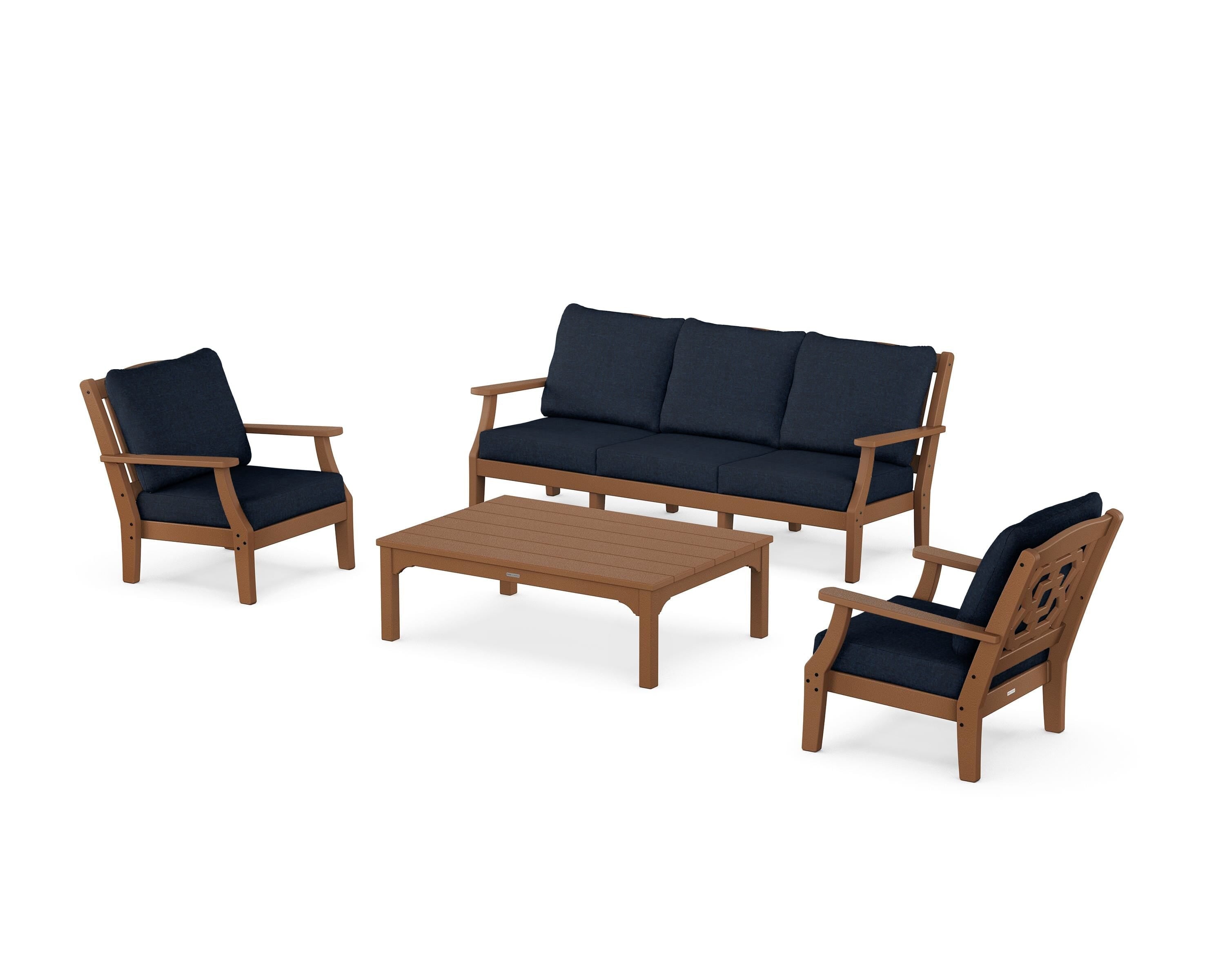 Martha Stewart by POLYWOOD® Chinoiserie 4-Piece Deep Seating Set with Sofa in Teak / Marine Indigo
