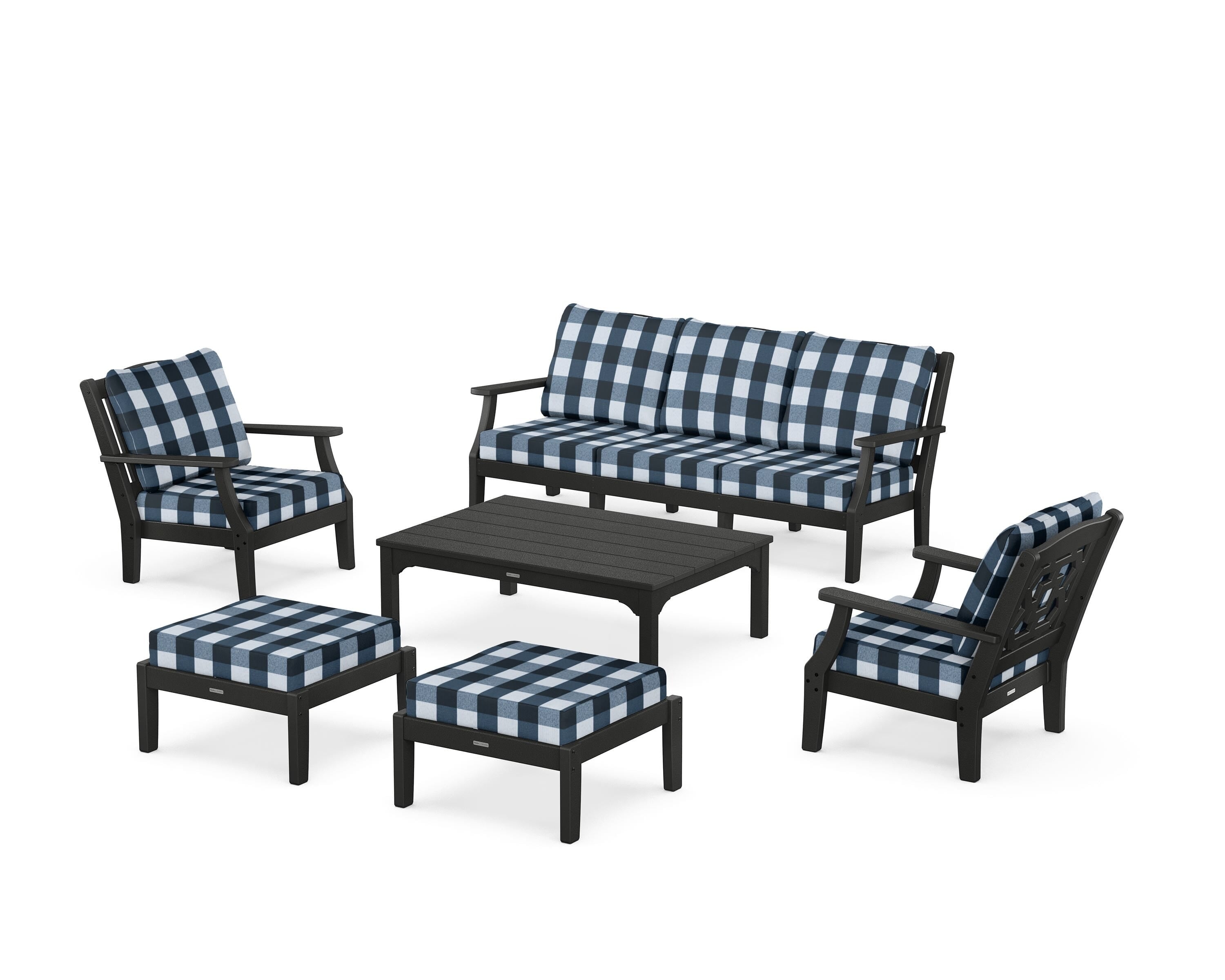Martha Stewart by POLYWOOD® Chinoiserie 6-Piece Lounge Sofa Set in Black / Buffalo Plaid Marine Indigo