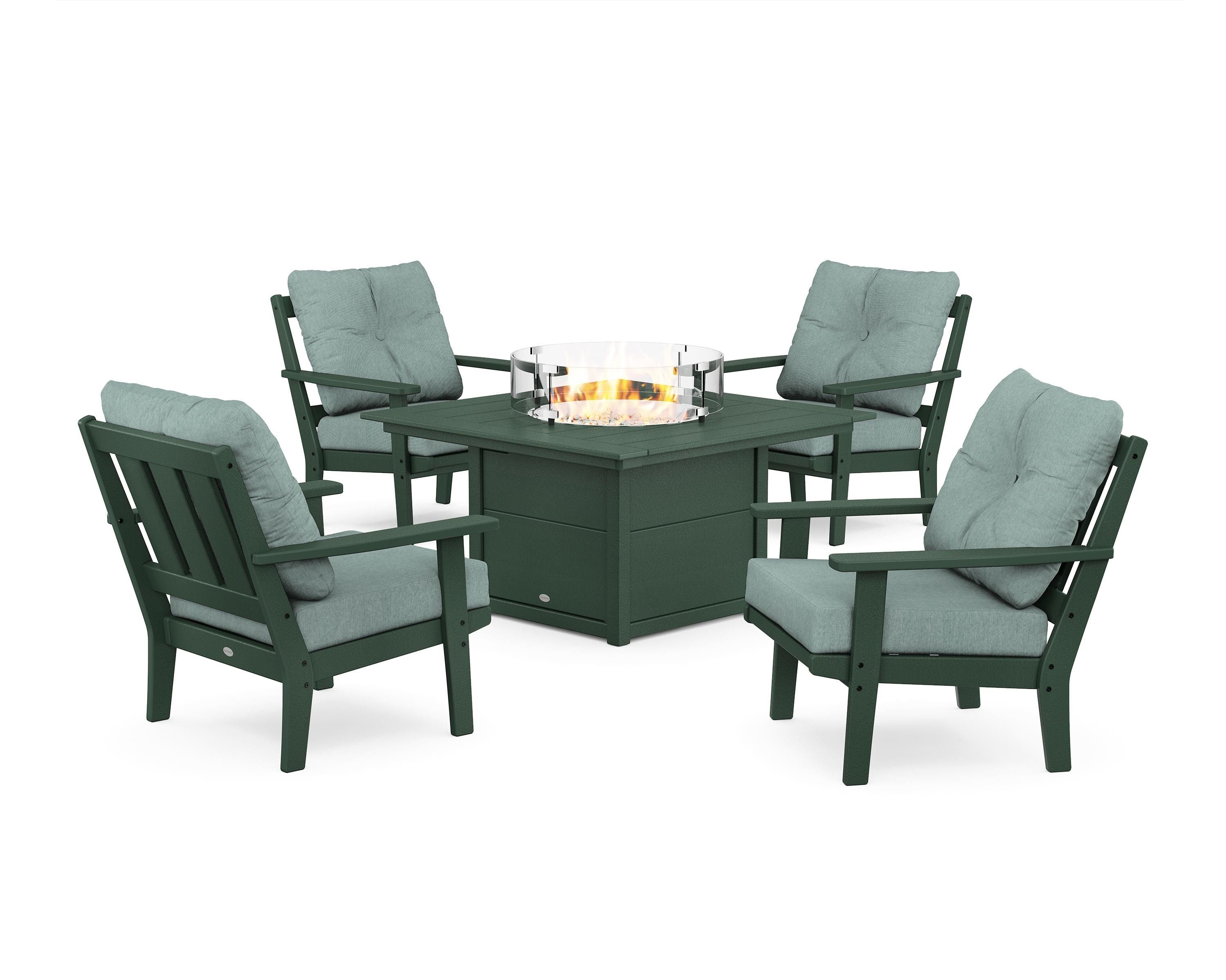 POLYWOOD® Oxford 5-Piece Deep Seating Set with Fire Pit Table in Green / Glacier Spa