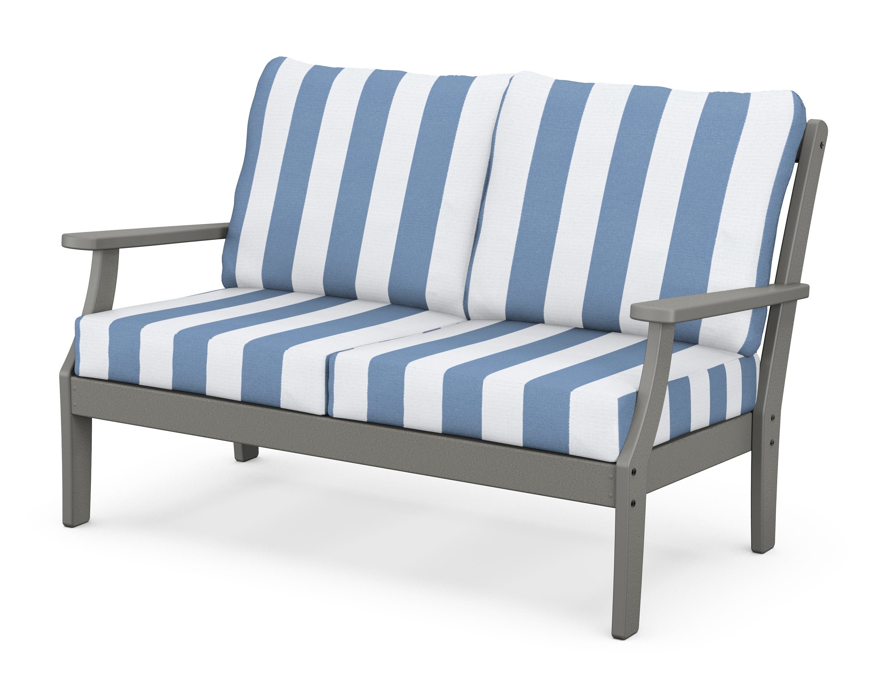 POLYWOOD® Braxton Deep Seating Loveseat in Slate Grey / Cabana Stripe Sky Blue
