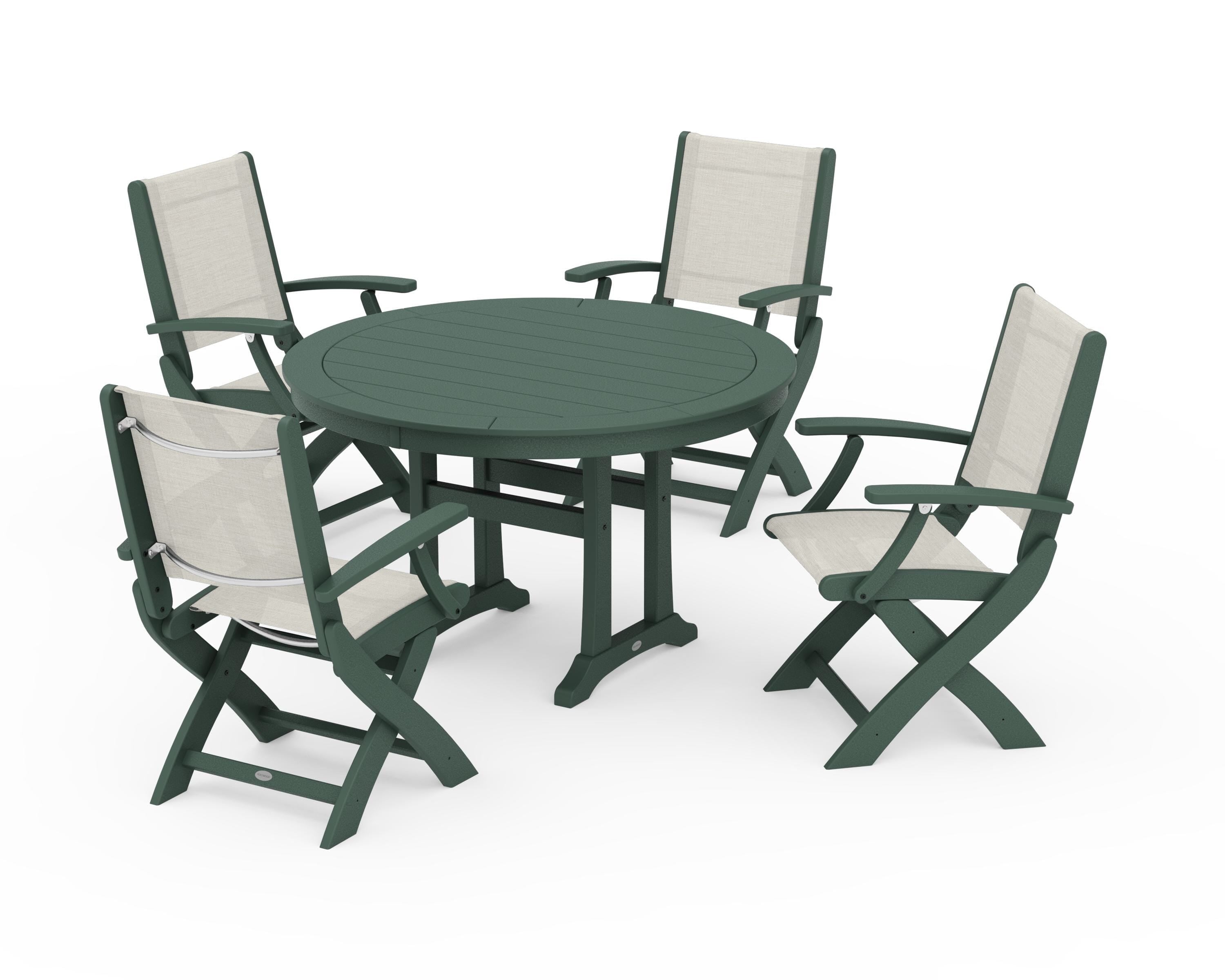 POLYWOOD® Coastal Folding Chair 5-Piece Round Dining Set with Trestle Legs in Green / Parchment Sling