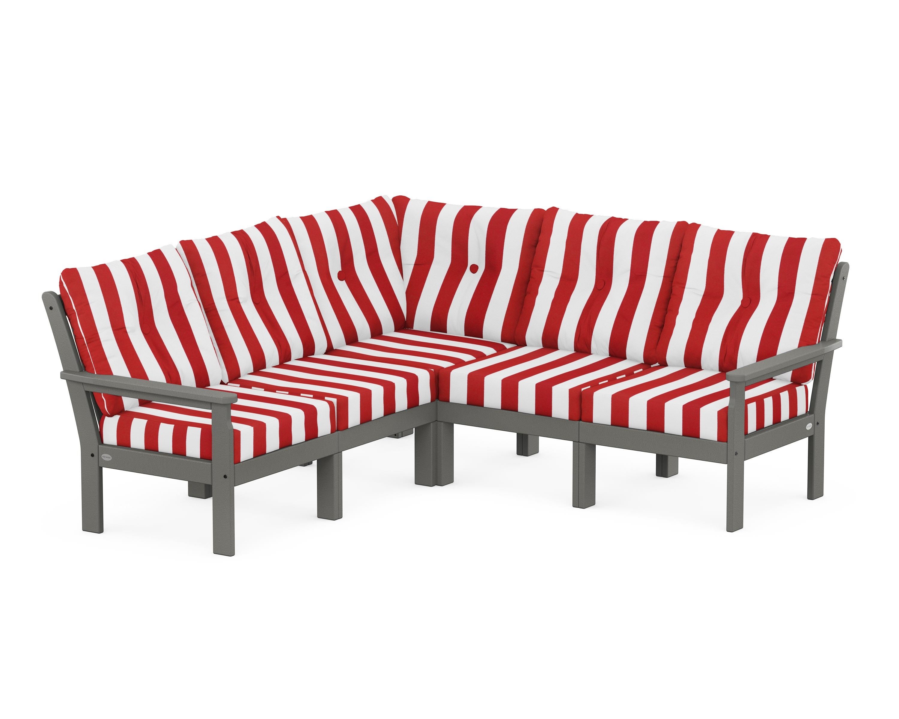POLYWOOD® Vineyard 5-Piece Sectional in Slate Grey / Cabana Stripe Crimson