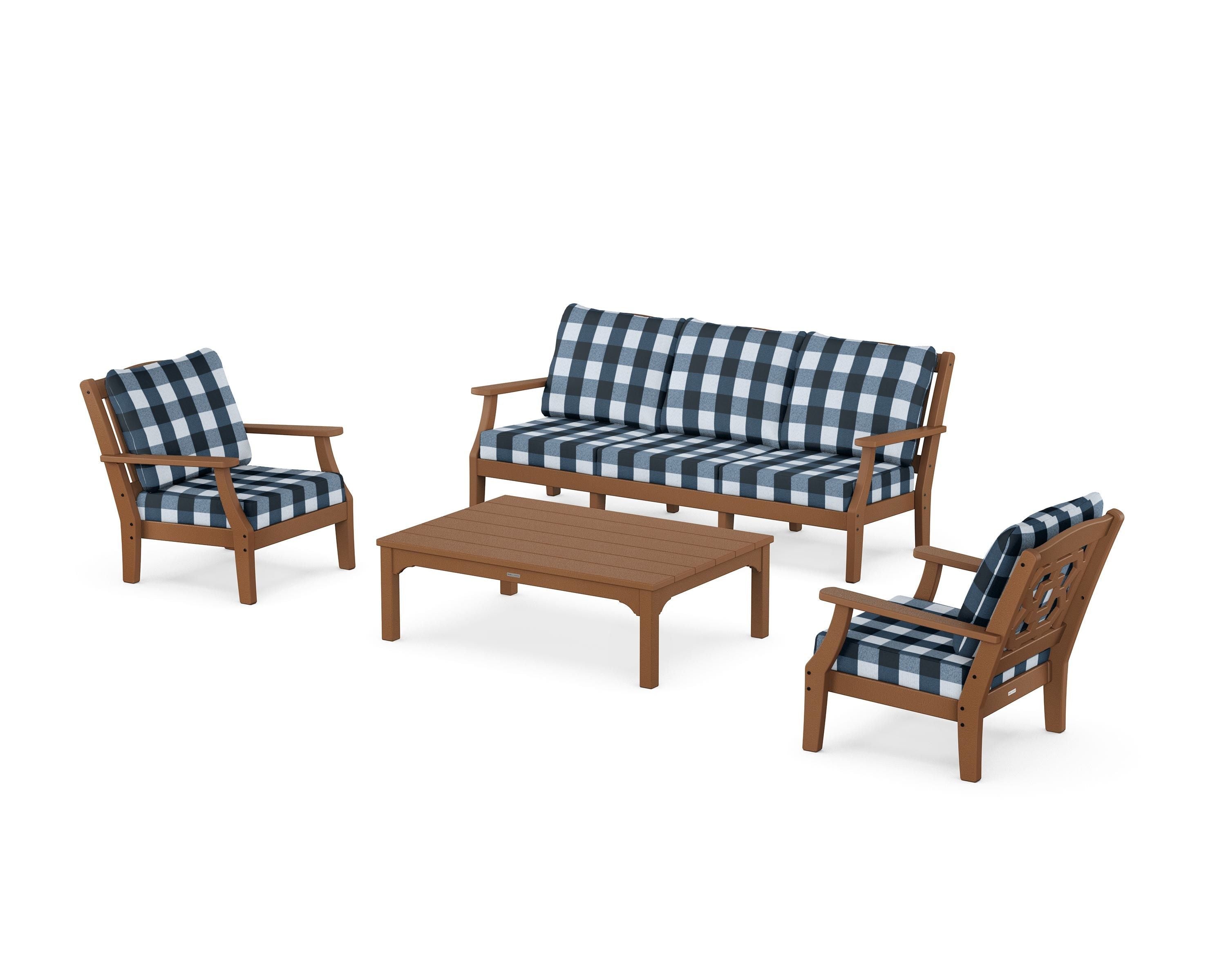 Martha Stewart by POLYWOOD® Chinoiserie 4-Piece Deep Seating Set with Sofa in Teak / Buffalo Plaid Marine Indigo
