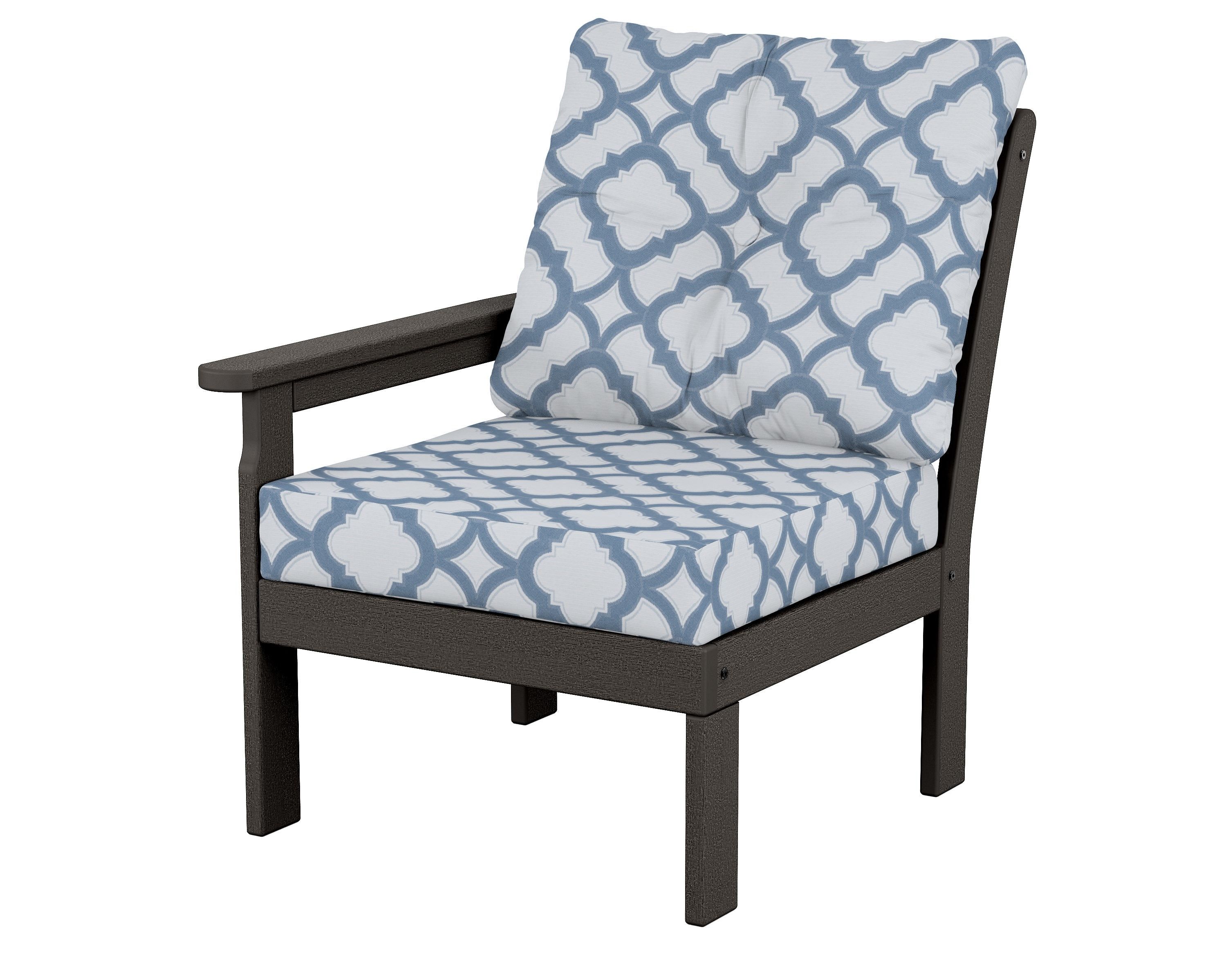 POLYWOOD® Vineyard Modular Left Arm Chair in Vintage Coffee / Trellis Sky Blue