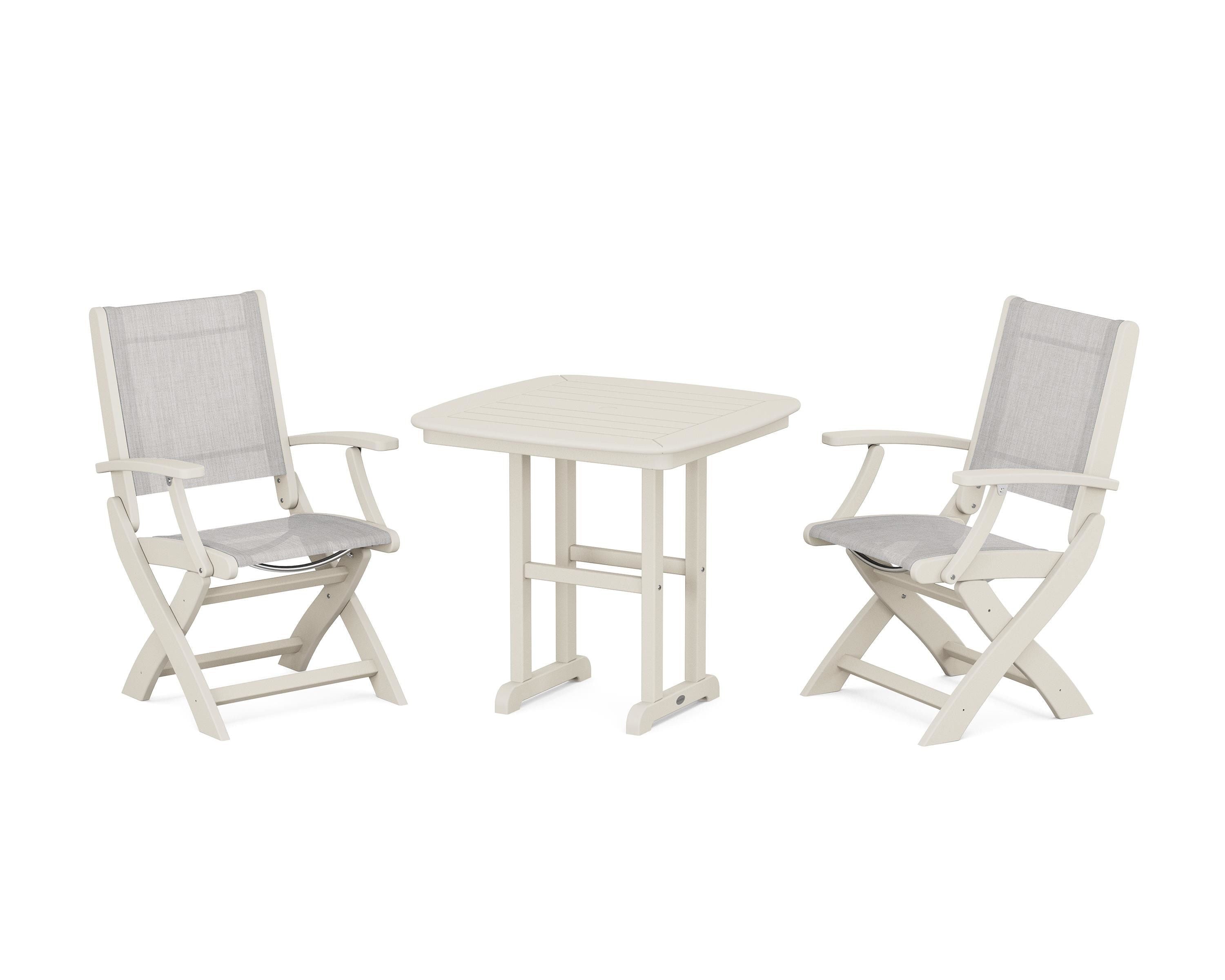 POLYWOOD® Coastal Folding Chair 3-Piece Dining Set in Sand / Parchment Sling
