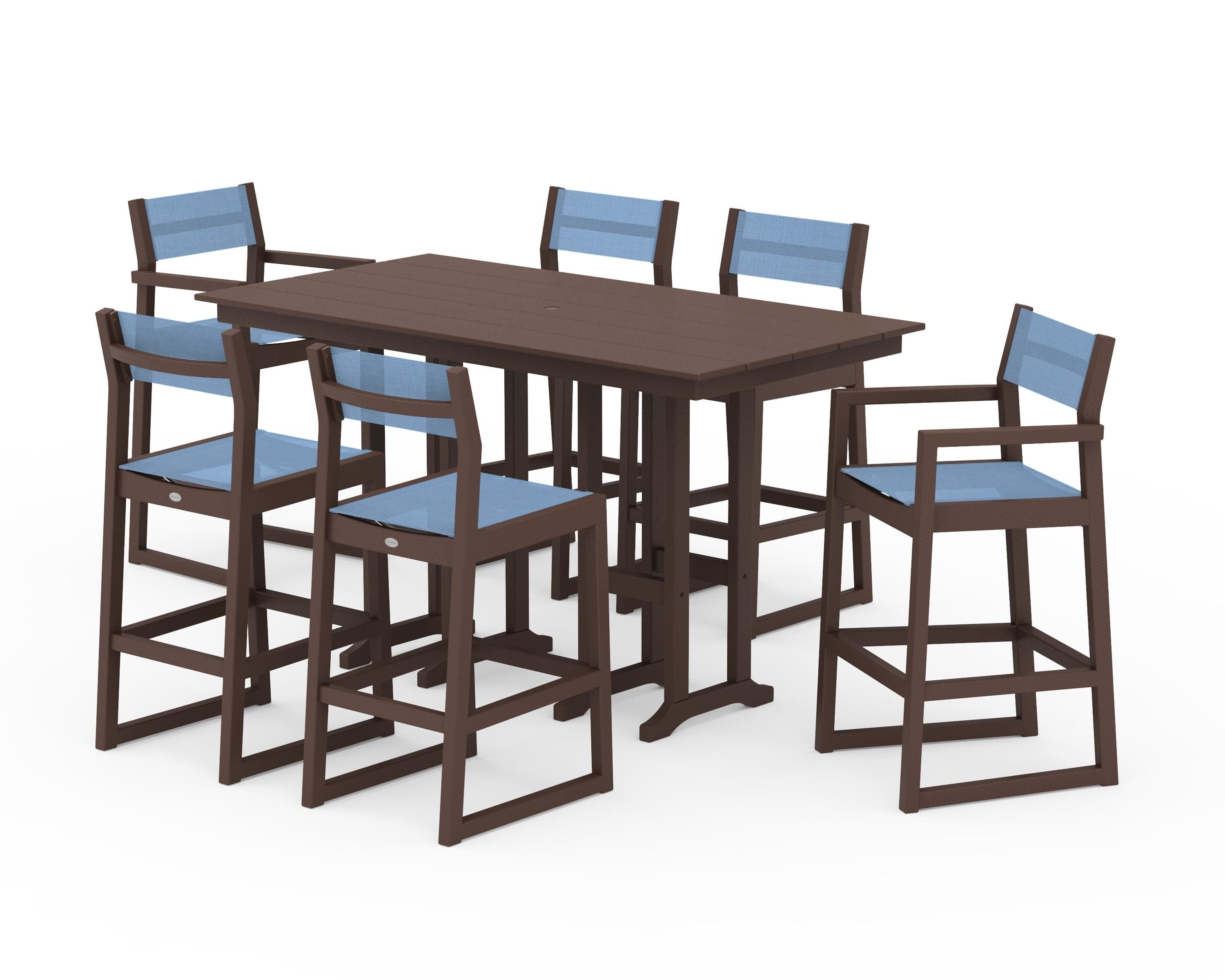 POLYWOOD® EDGE Sling 7-Piece Farmhouse Bar Set in Mahogany / Poolside Sling