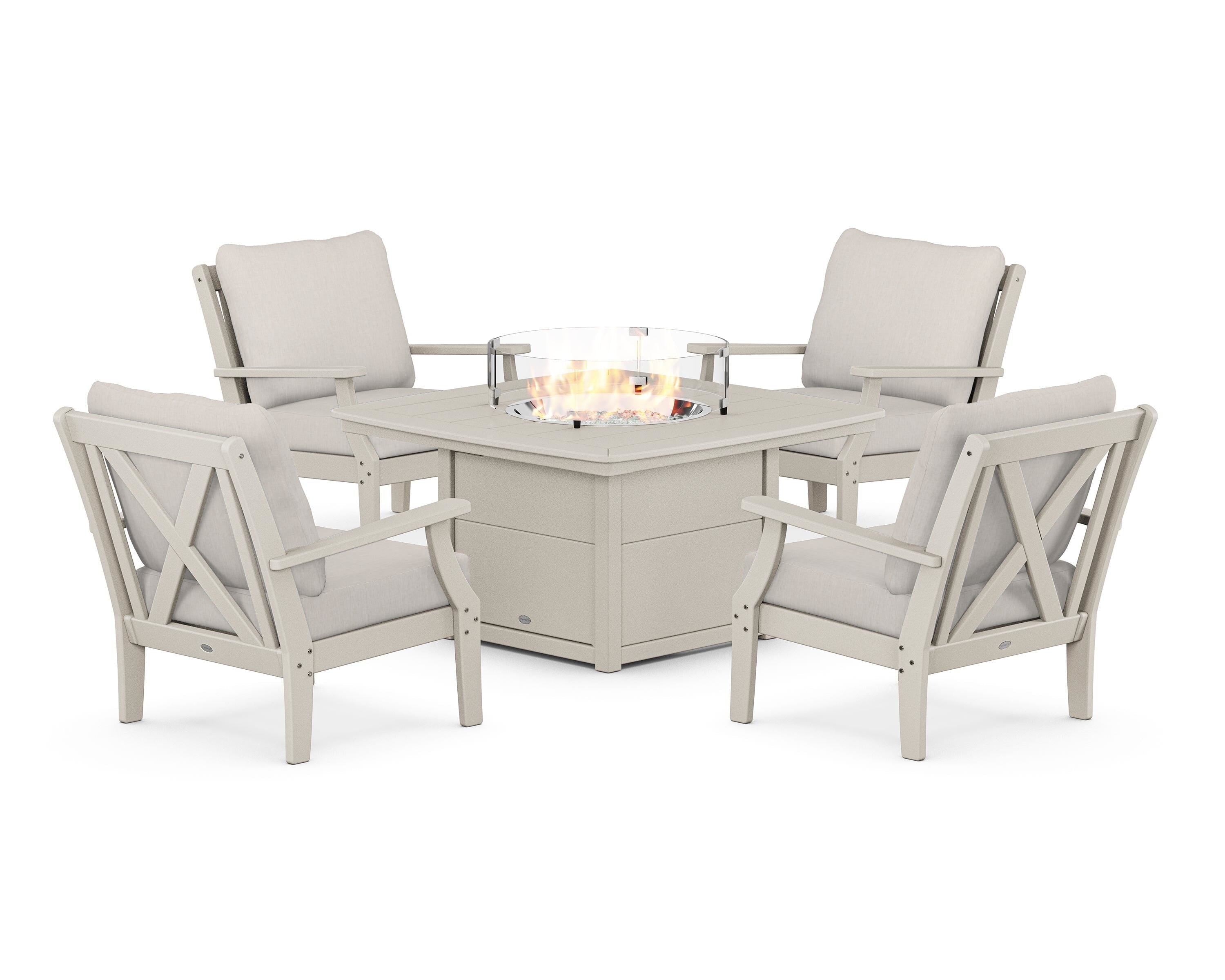 POLYWOOD® Braxton 5-Piece Deep Seating Conversation Set with Fire Pit Table in Sand / Cast Ash