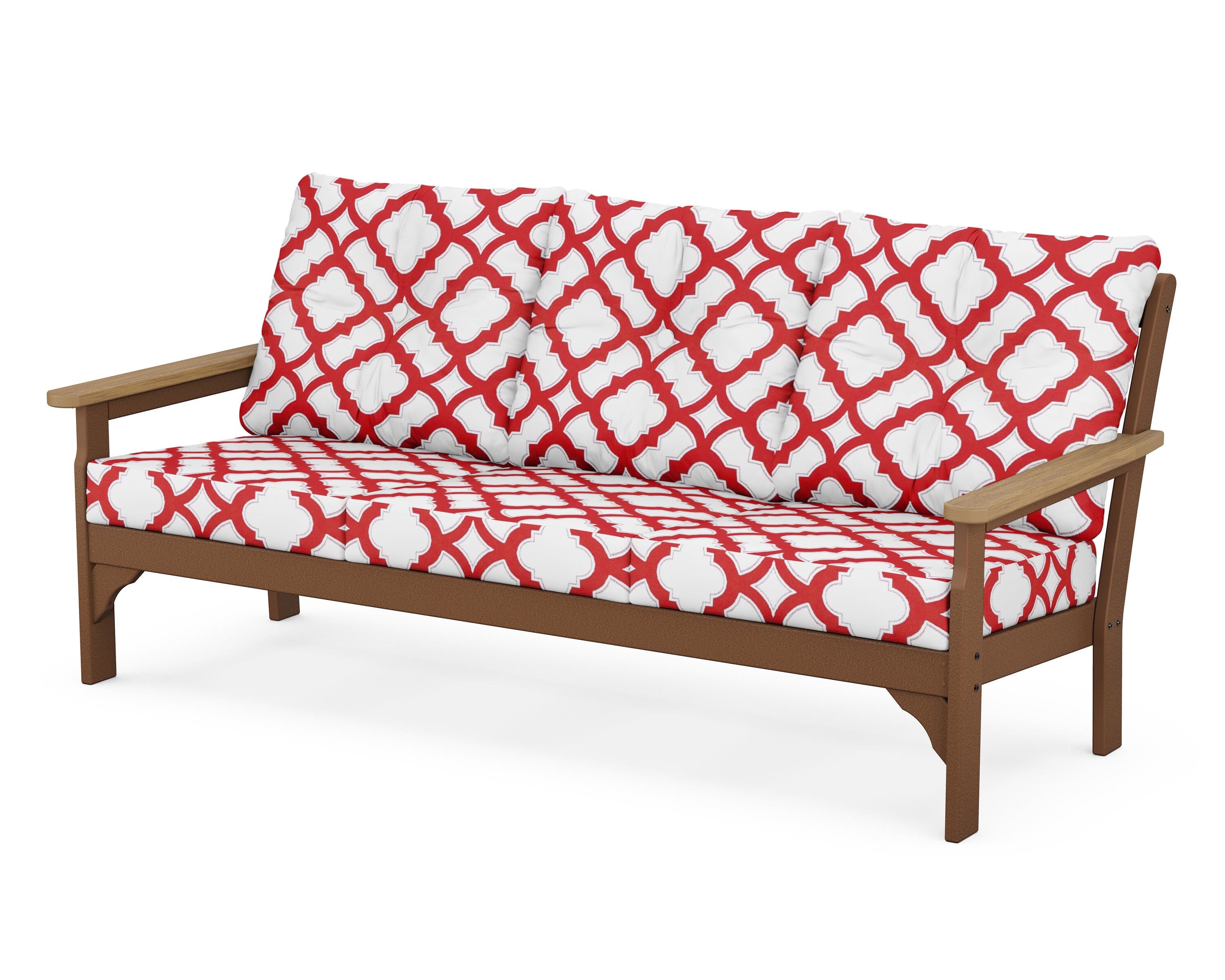 POLYWOOD® Vineyard Deep Seating Sofa in Teak / Natural / Trellis Crimson