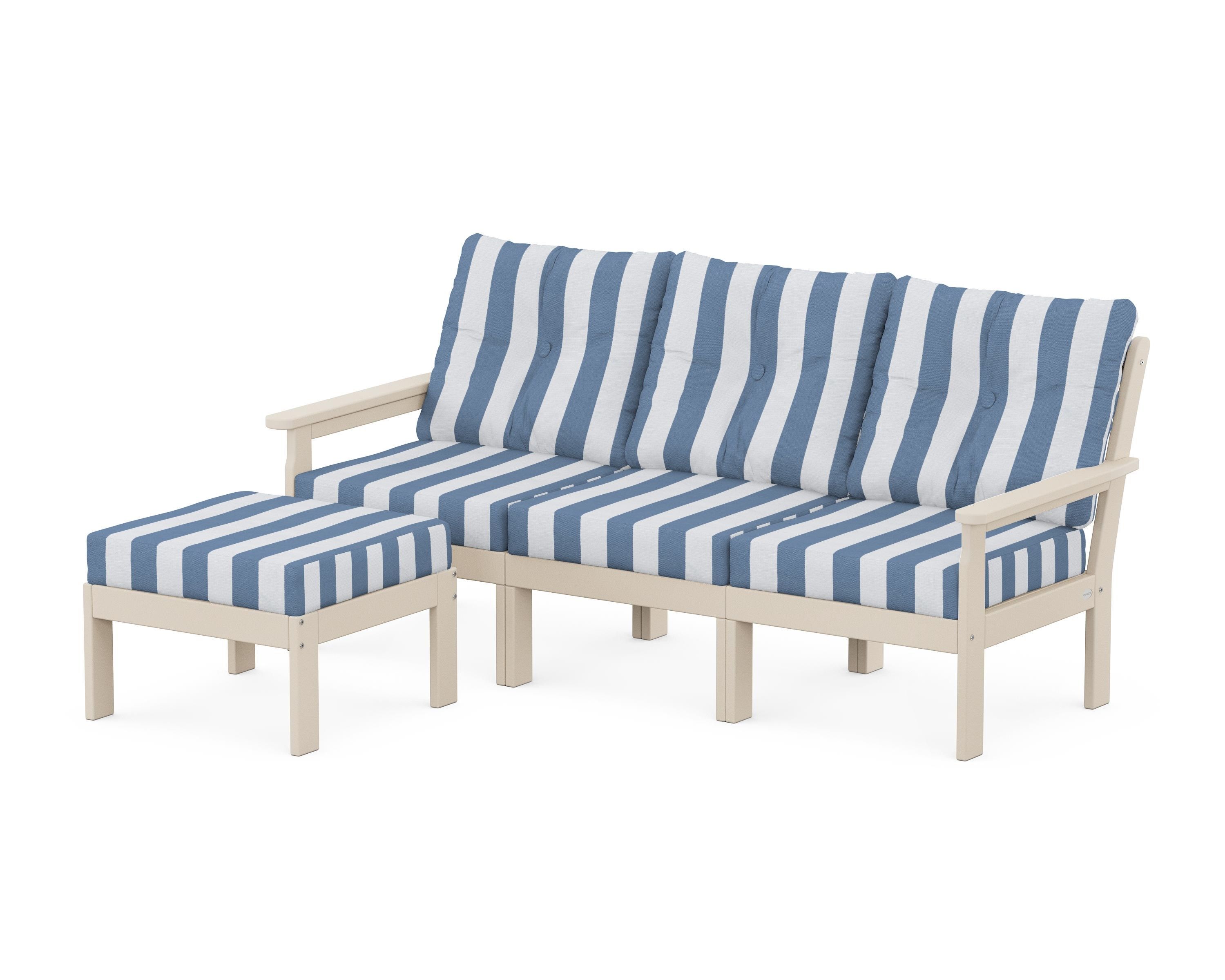 POLYWOOD® Vineyard 4-Piece Sectional with Ottoman in Sand / Cabana Stripe Sky Blue