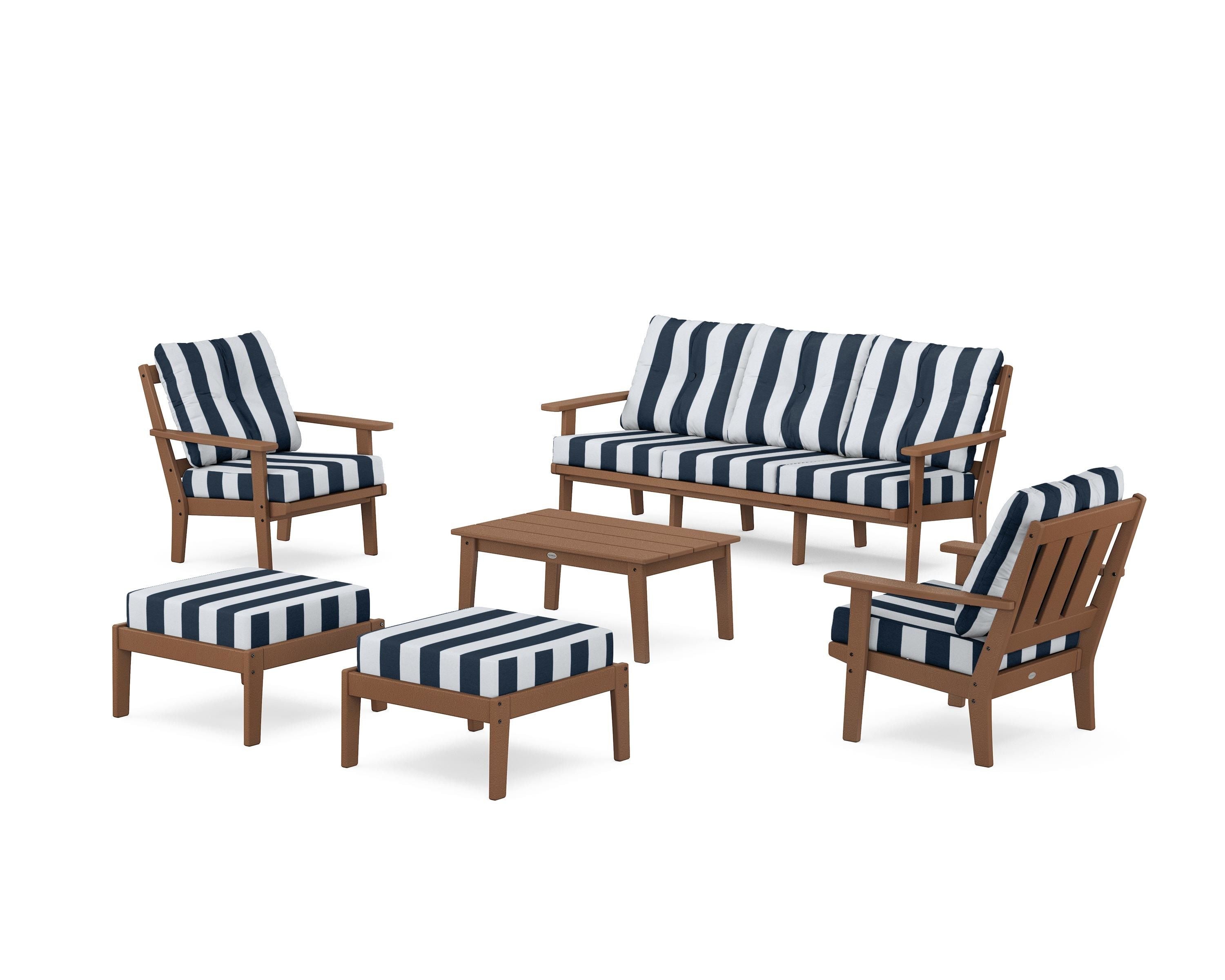 POLYWOOD® Oxford 6-Piece Lounge Sofa Set in Teak / Cabana Stripe Marine Indigo