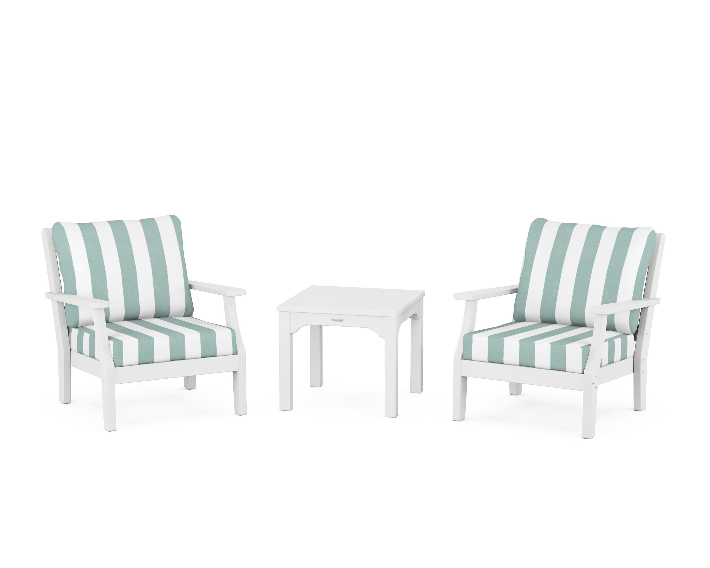 Martha Stewart by POLYWOOD® Chinoiserie 3-Piece Deep Seating Set in White / Cabana Stripe Glacier Spa