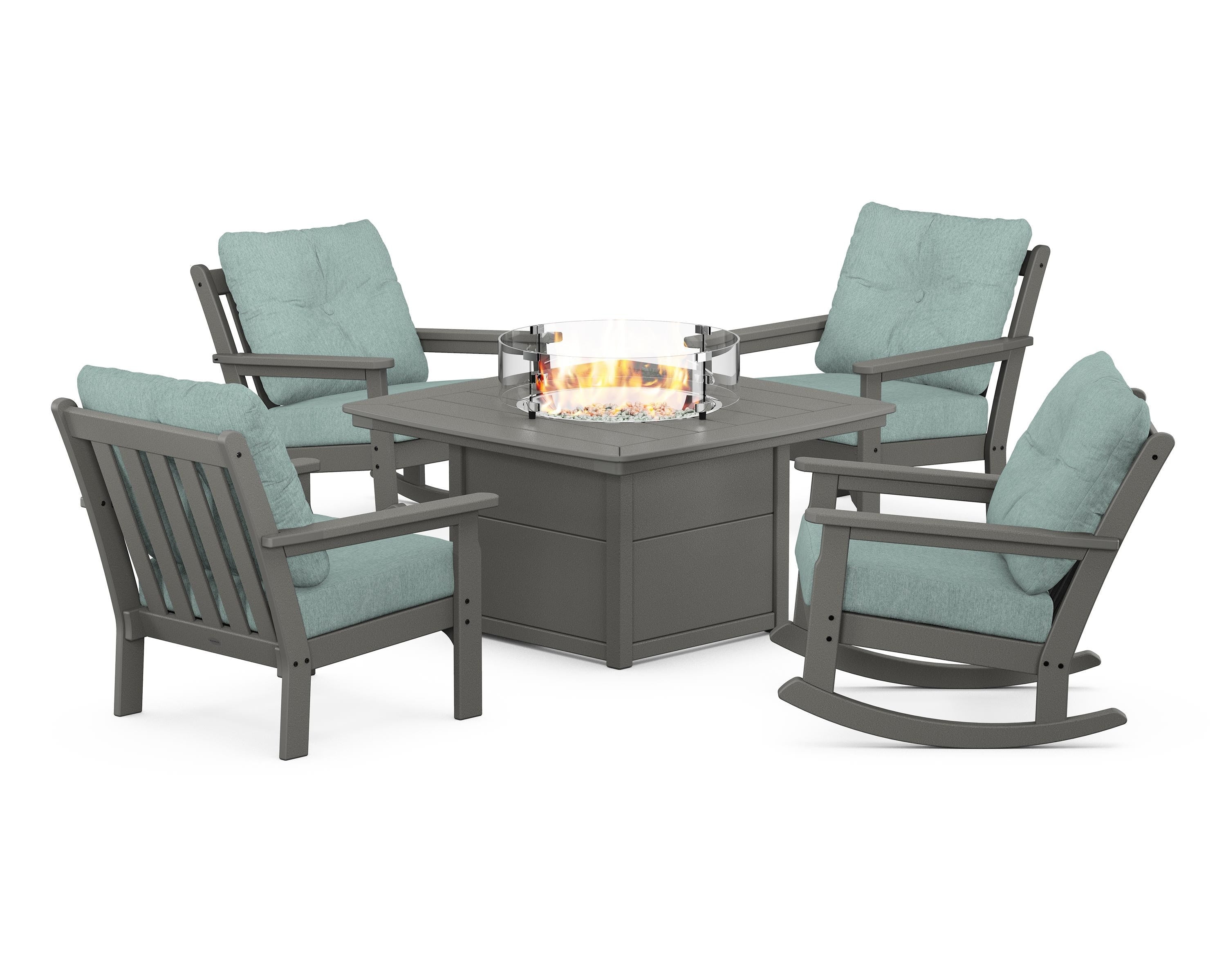 POLYWOOD® Vineyard 5-Piece Deep Seating Rocking Chair Conversation Set with Fire Pit Table in Slate Grey / Glacier Spa