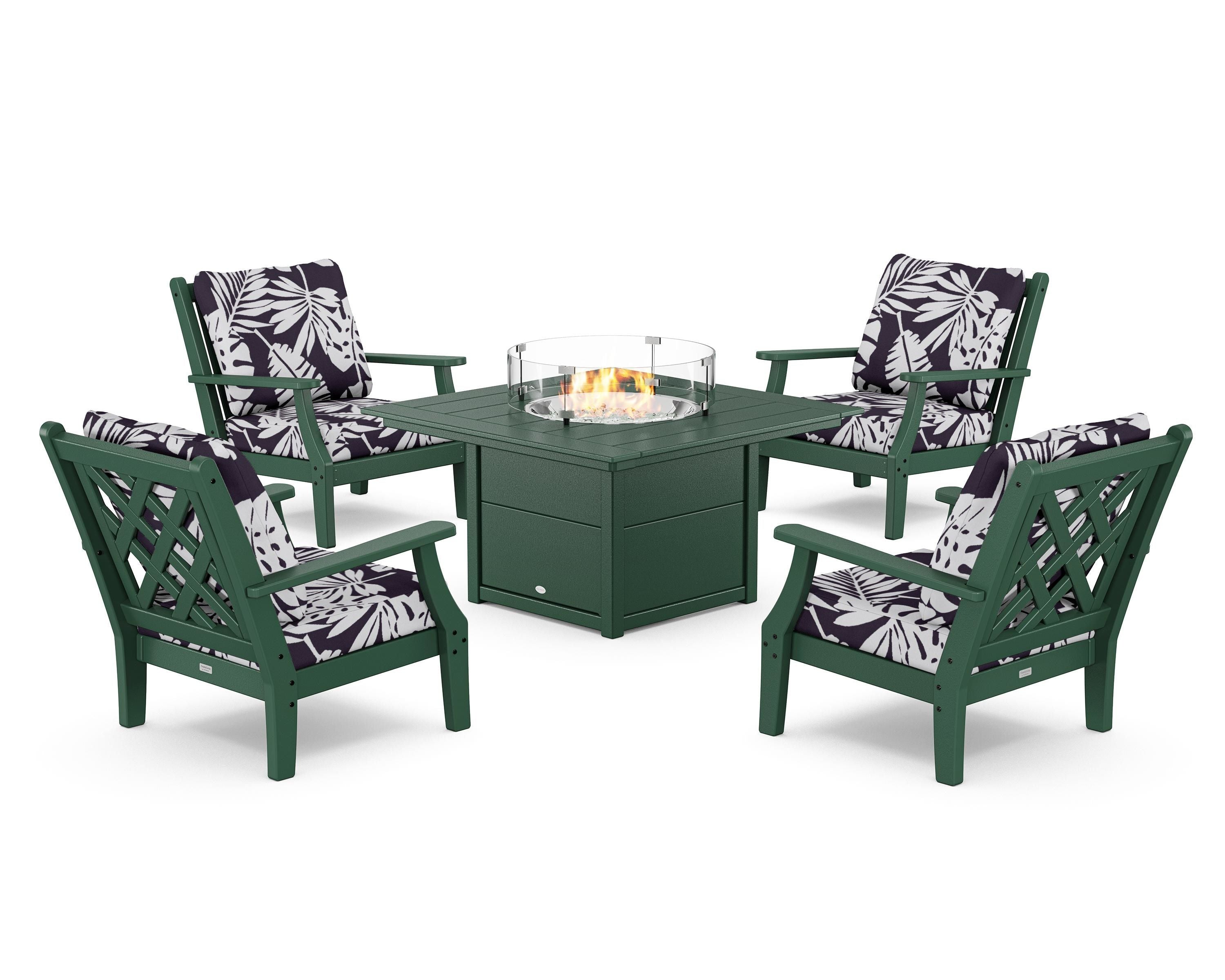 Country Living Wovendale 5-Piece Deep Seating Set with Fire Pit Table in Green / Leaf Navy