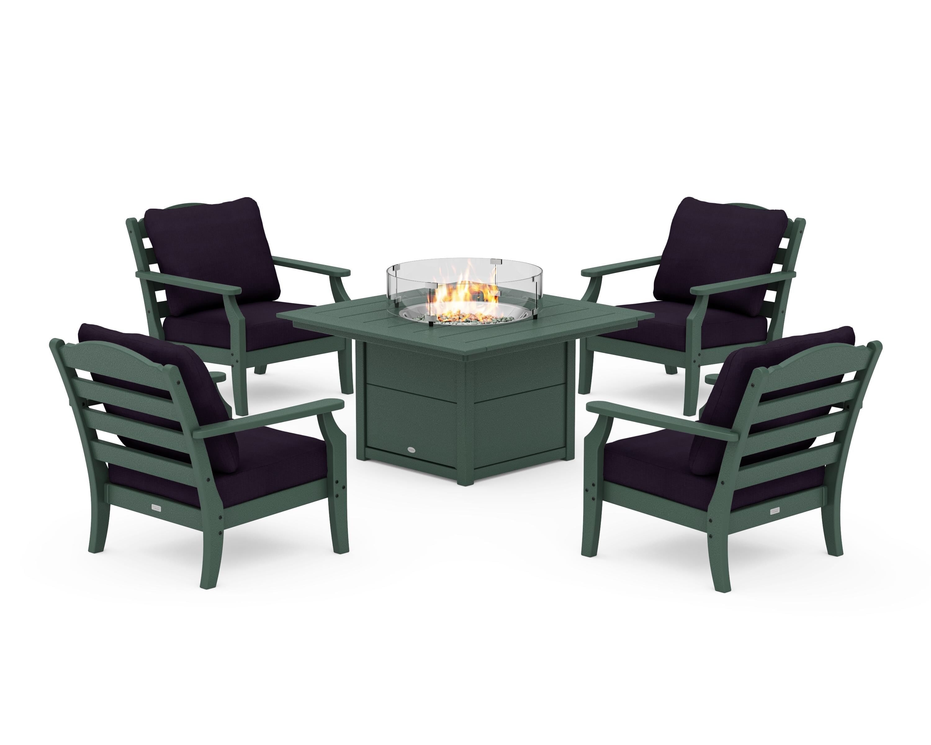 Draper James™ by POLYWOOD® Savannah 5-Piece Deep Seating Set with Fire Pit Table in Green / Navy Linen