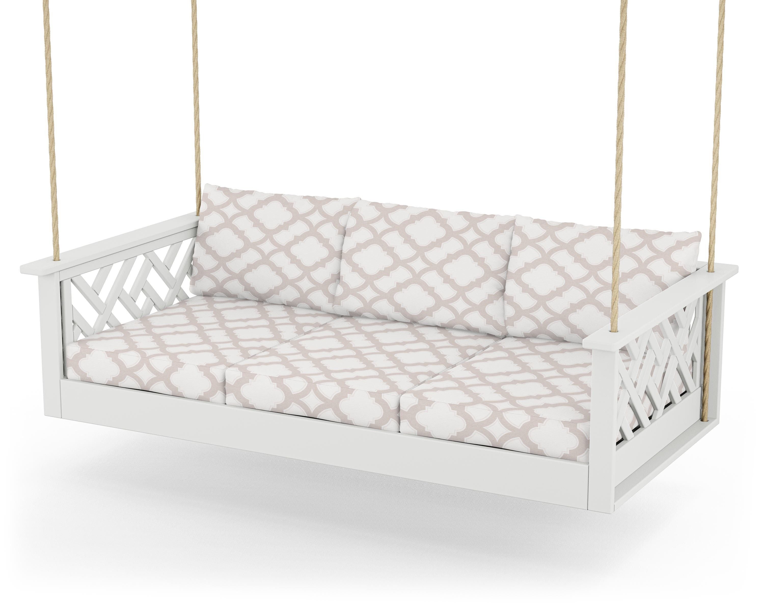 POLYWOOD® Chippendale Daybed Swing in White / Trellis Dune Burlap