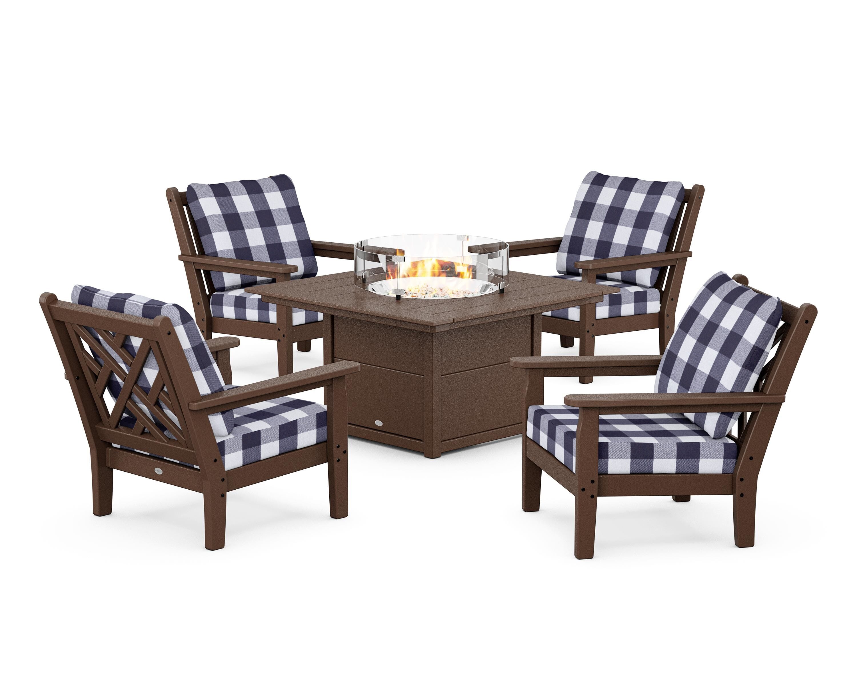 POLYWOOD® Chippendale 5-Piece Deep Seating Set with Fire Pit Table in Mahogany / Buffalo Plaid Navy