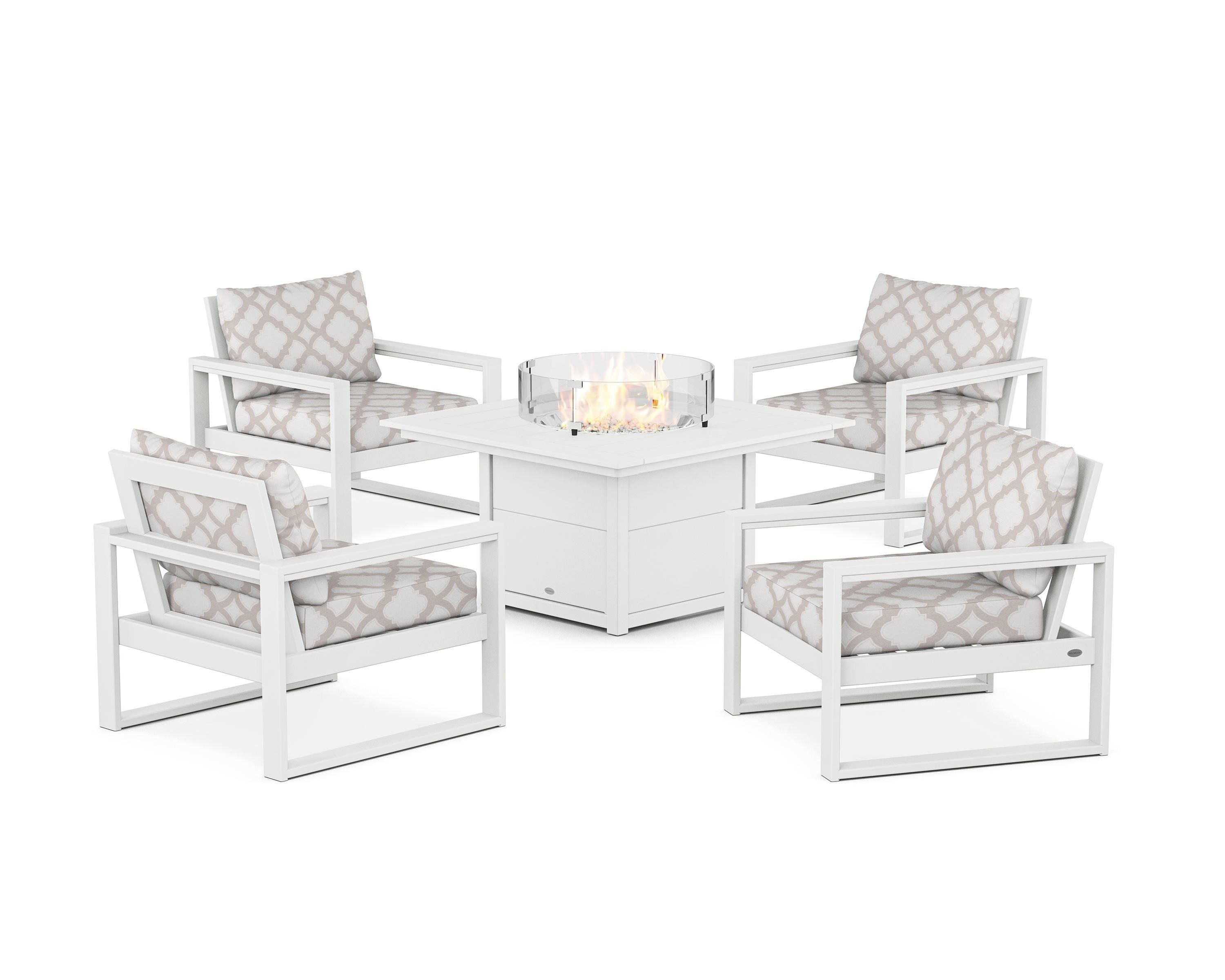 POLYWOOD® EDGE Sectional 5-Piece Deep Seating Set with Fire Pit Table in White / Trellis Dune Burlap