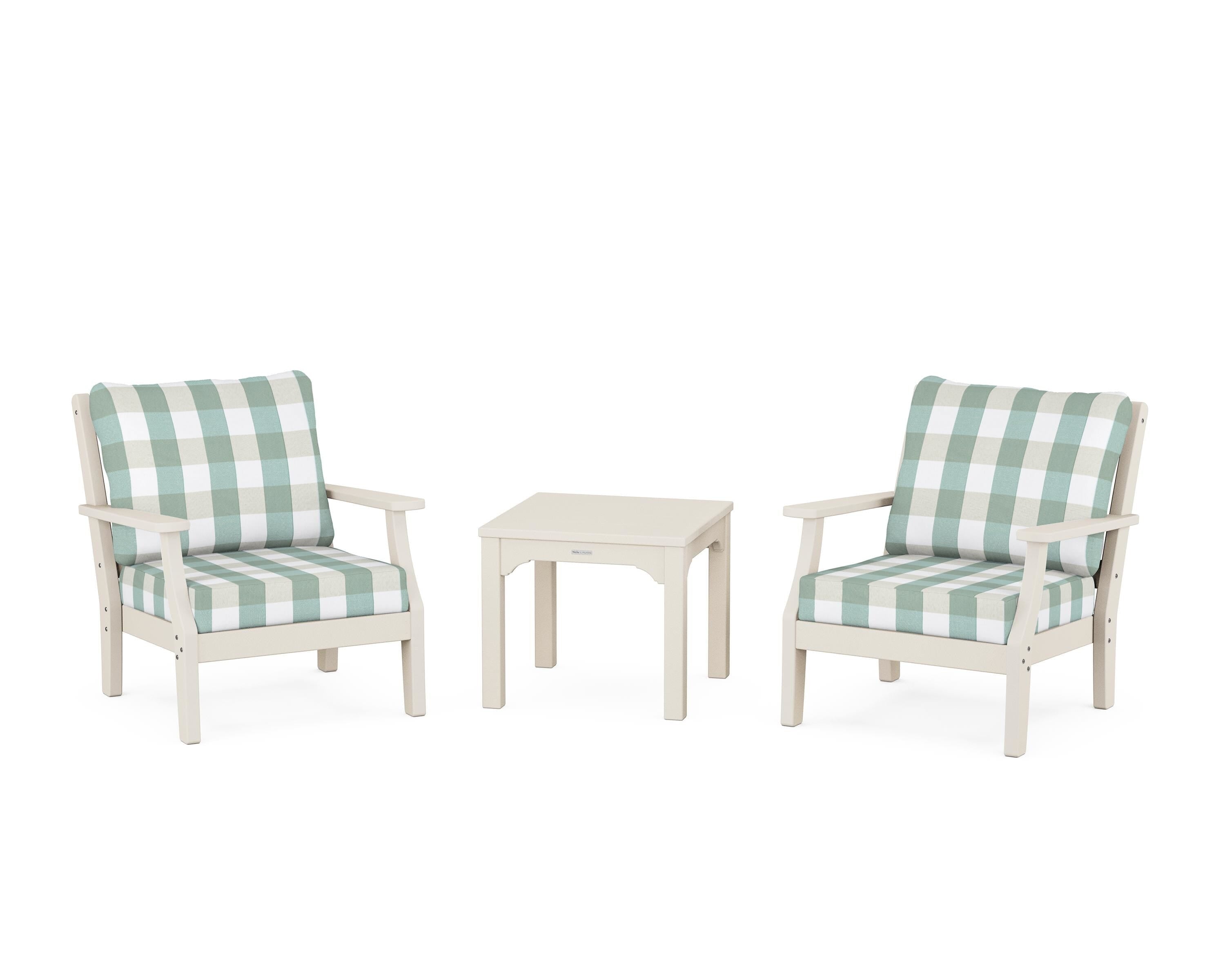 Martha Stewart by POLYWOOD® Chinoiserie 3-Piece Deep Seating Set in Sand / Buffalo Plaid Glacier Spa