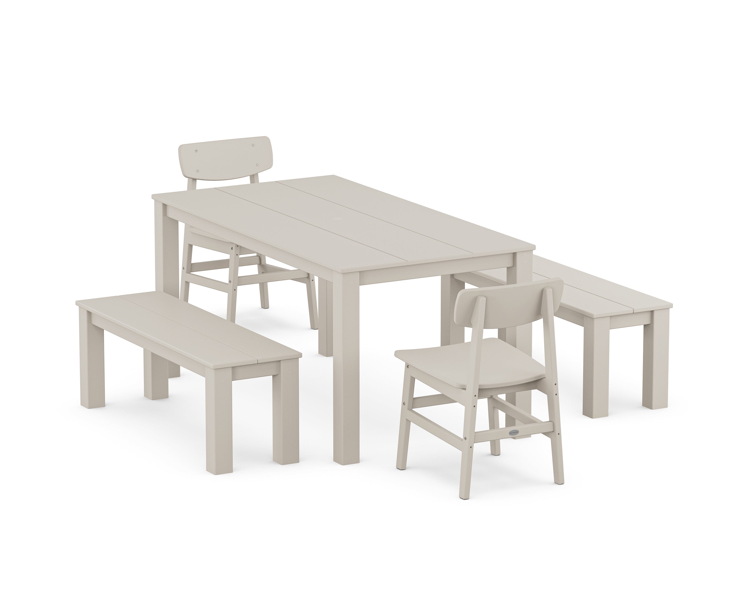 POLYWOOD® Modern Studio Urban Chair 5-Piece Parsons Dining Set with Benches in Sand