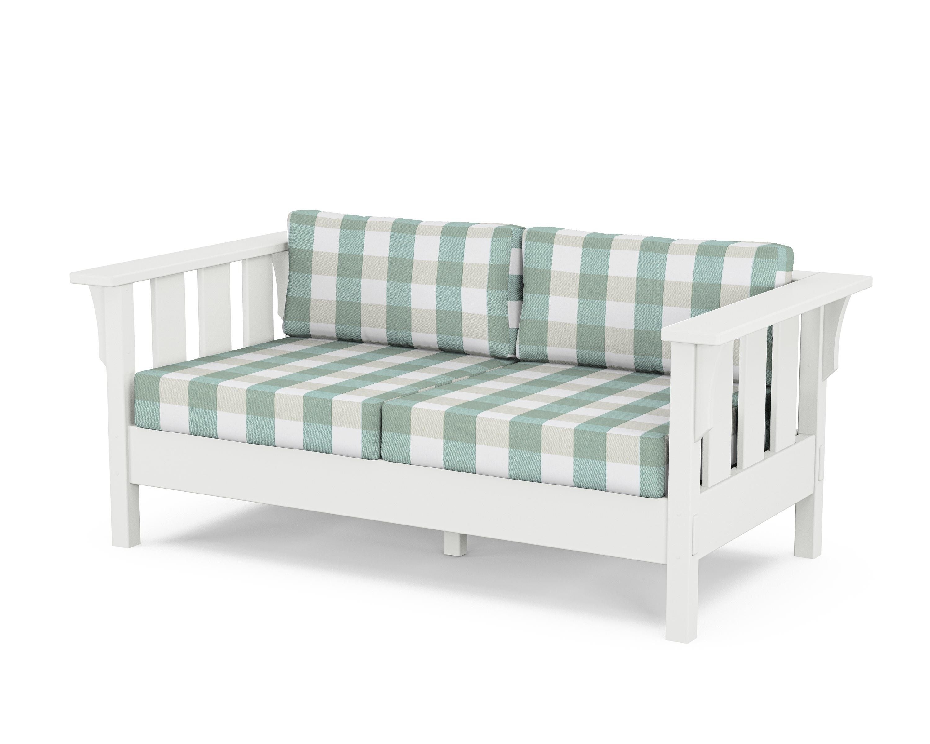 Martha Stewart by POLYWOOD® Acadia Deep Seating Loveseat in White / Buffalo Plaid Glacier Spa