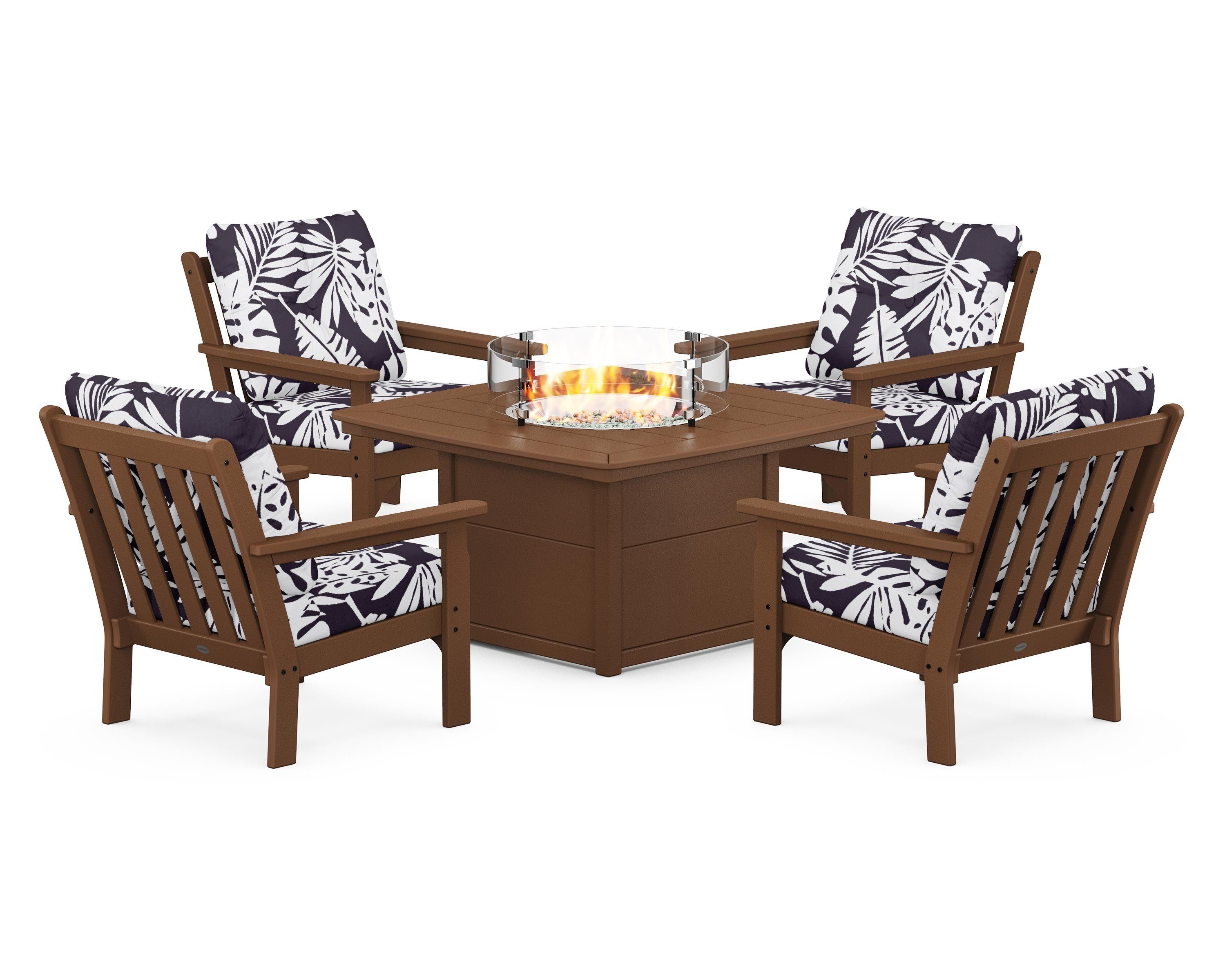 POLYWOOD® Vineyard 5-Piece Conversation Set with Fire Pit Table in Teak / Leaf Navy