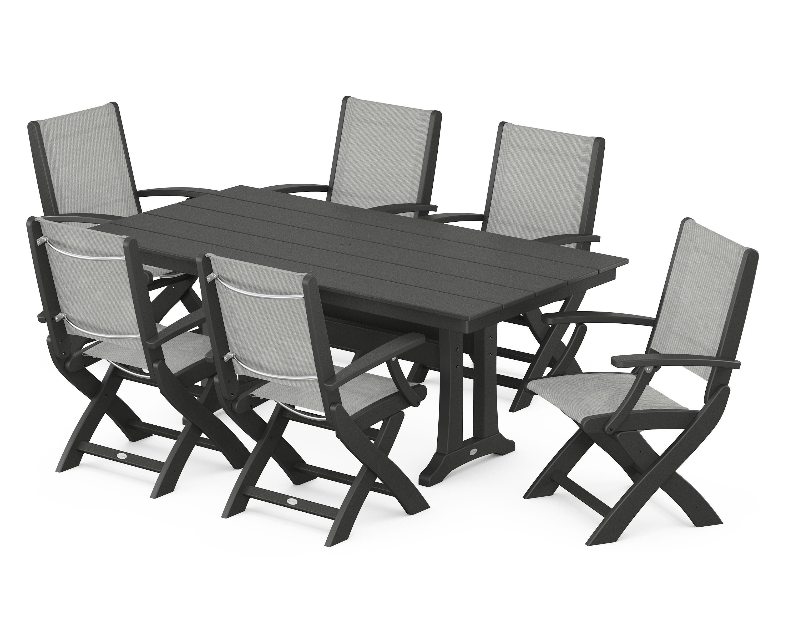 POLYWOOD® Coastal Folding Arm Chair 7-Piece Farmhouse Dining Set with Trestle Legs in Black / Metallic Sling