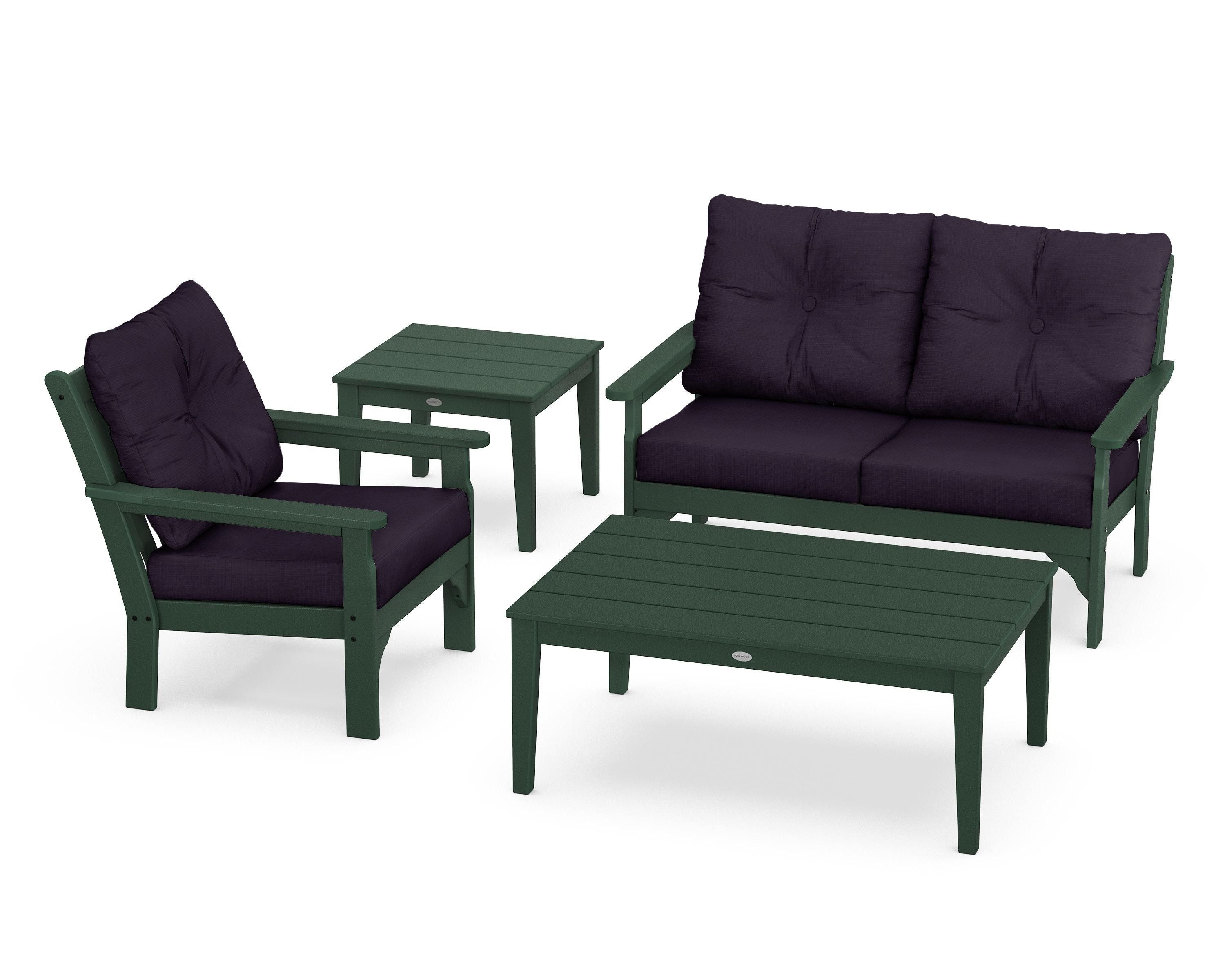 POLYWOOD® Vineyard 4-Piece Deep Seating Set in Green / Navy Linen