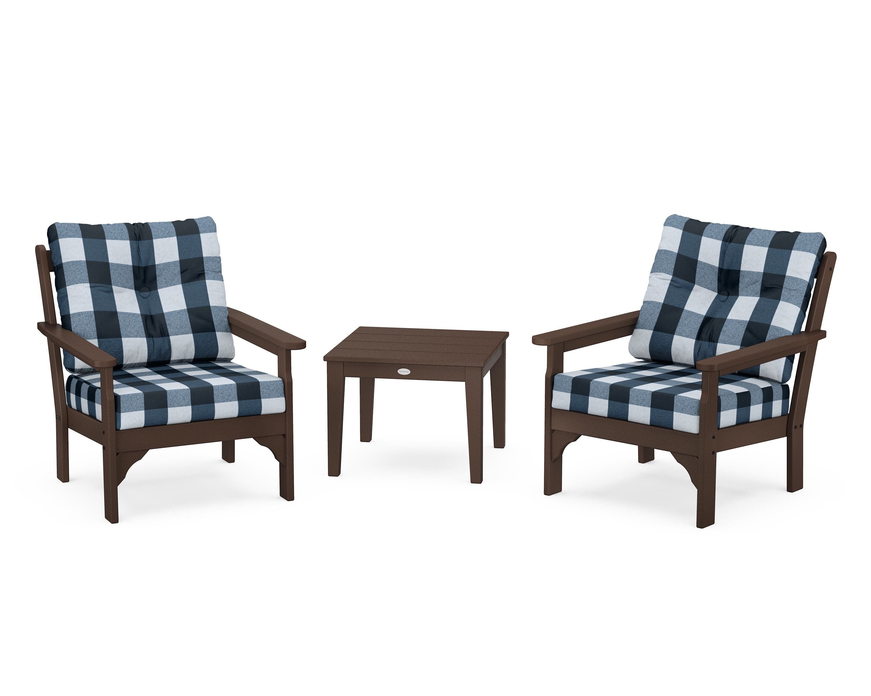 POLYWOOD® Vineyard 3-Piece Deep Seating Set in Mahogany / Buffalo Plaid Marine Indigo