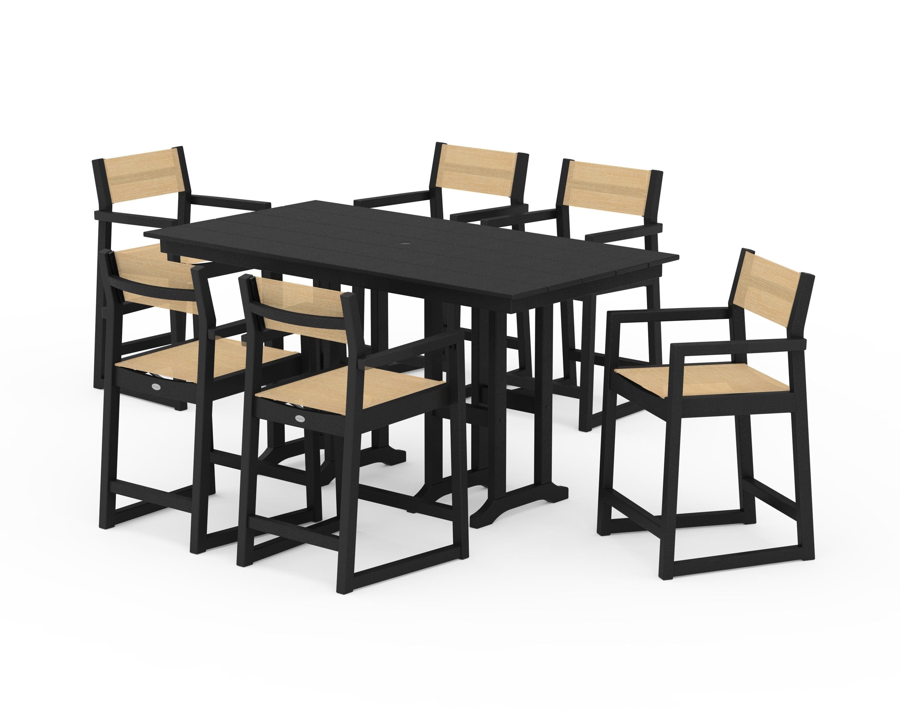 POLYWOOD® EDGE Sling Arm Chair 7-Piece Farmhouse Counter Set in Black / Dupioni Apricot Sling