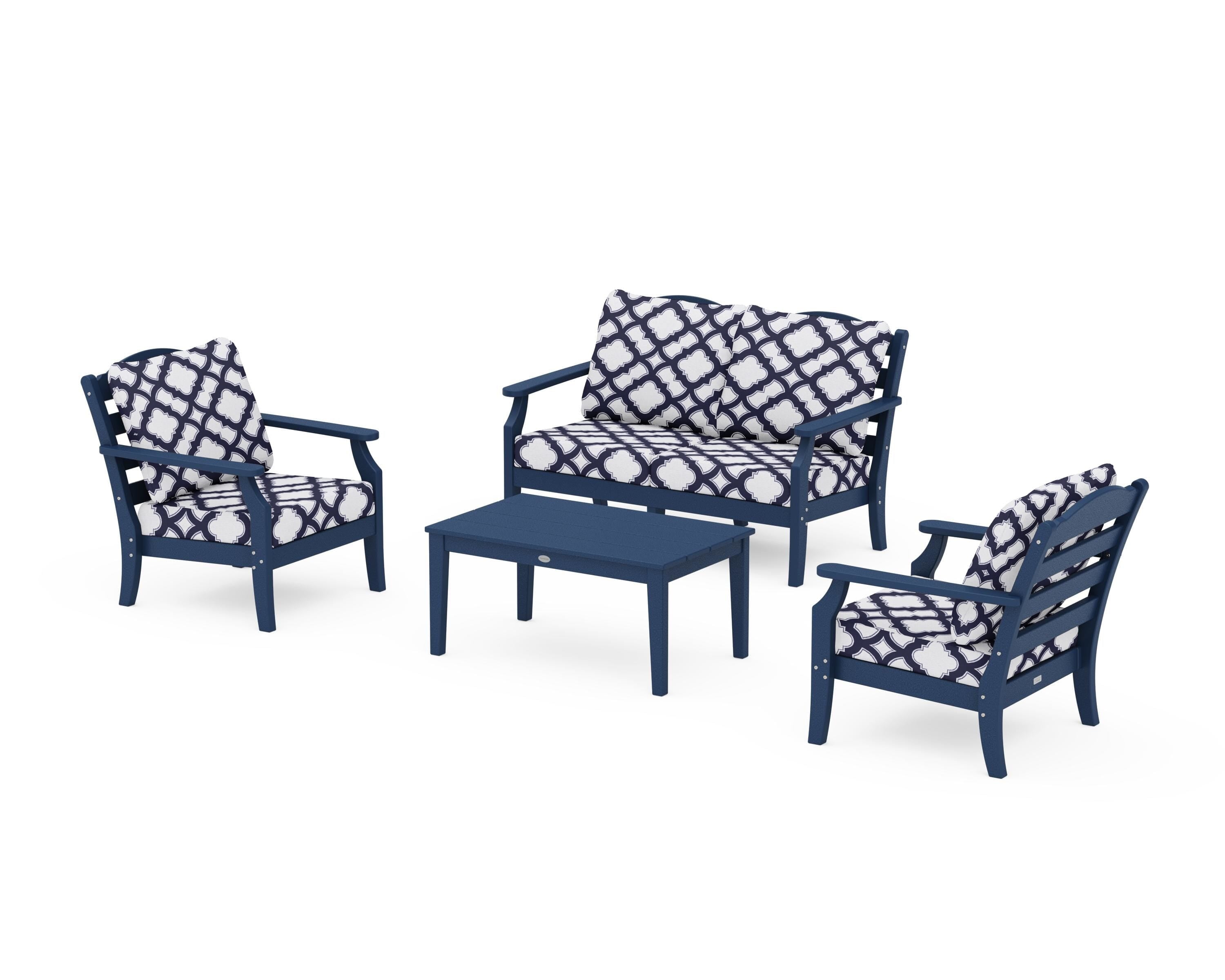 Draper James™ by POLYWOOD® Savannah 4-Piece Deep Seating Set with Loveseat in Navy / Trellis Navy