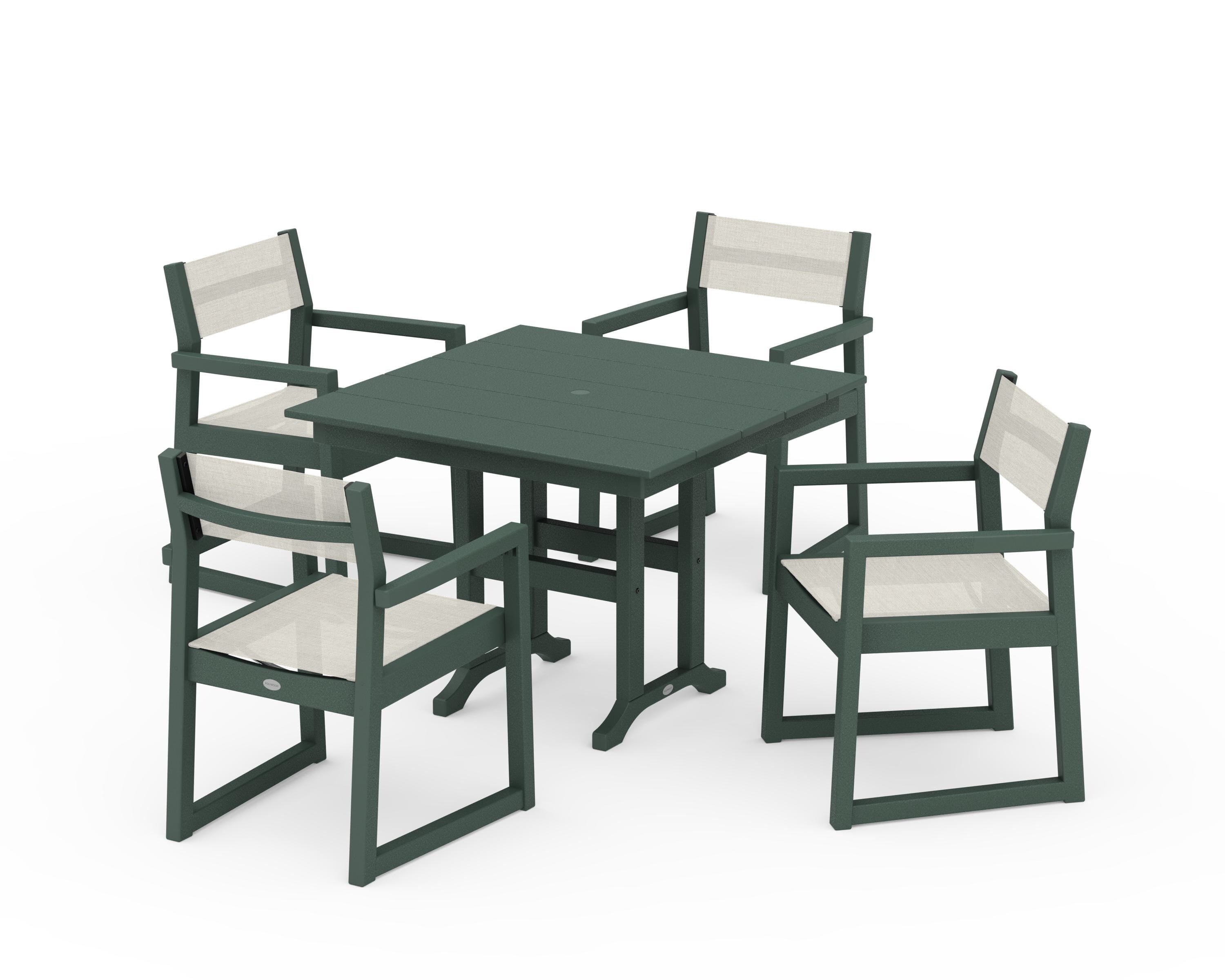 POLYWOOD® EDGE Sling Arm Chair 5-Piece Farmhouse Dining Set in Green / Parchment Sling