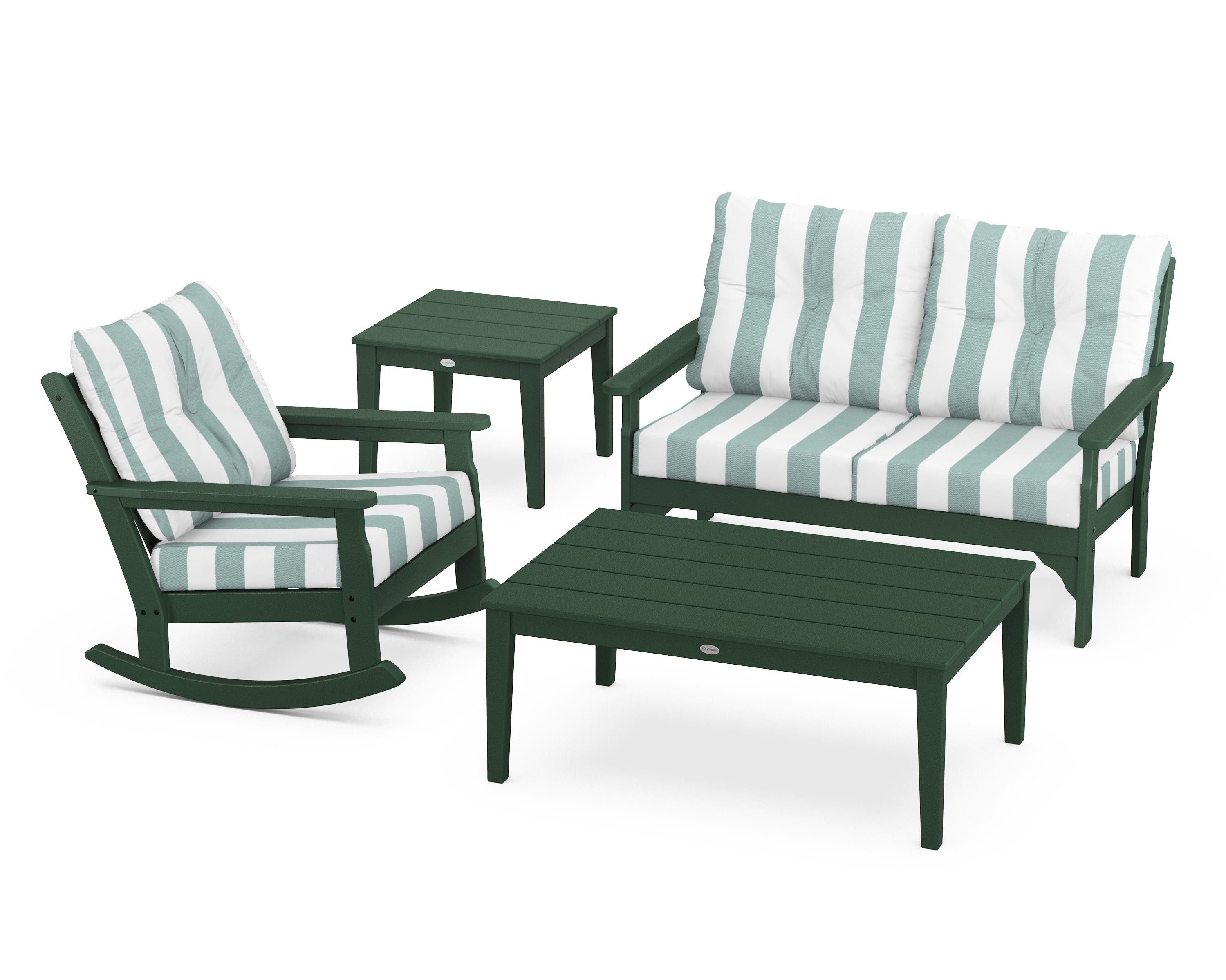 POLYWOOD® Vineyard 4-Piece Deep Seating Rocker Set in Green / Cabana Stripe Glacier Spa
