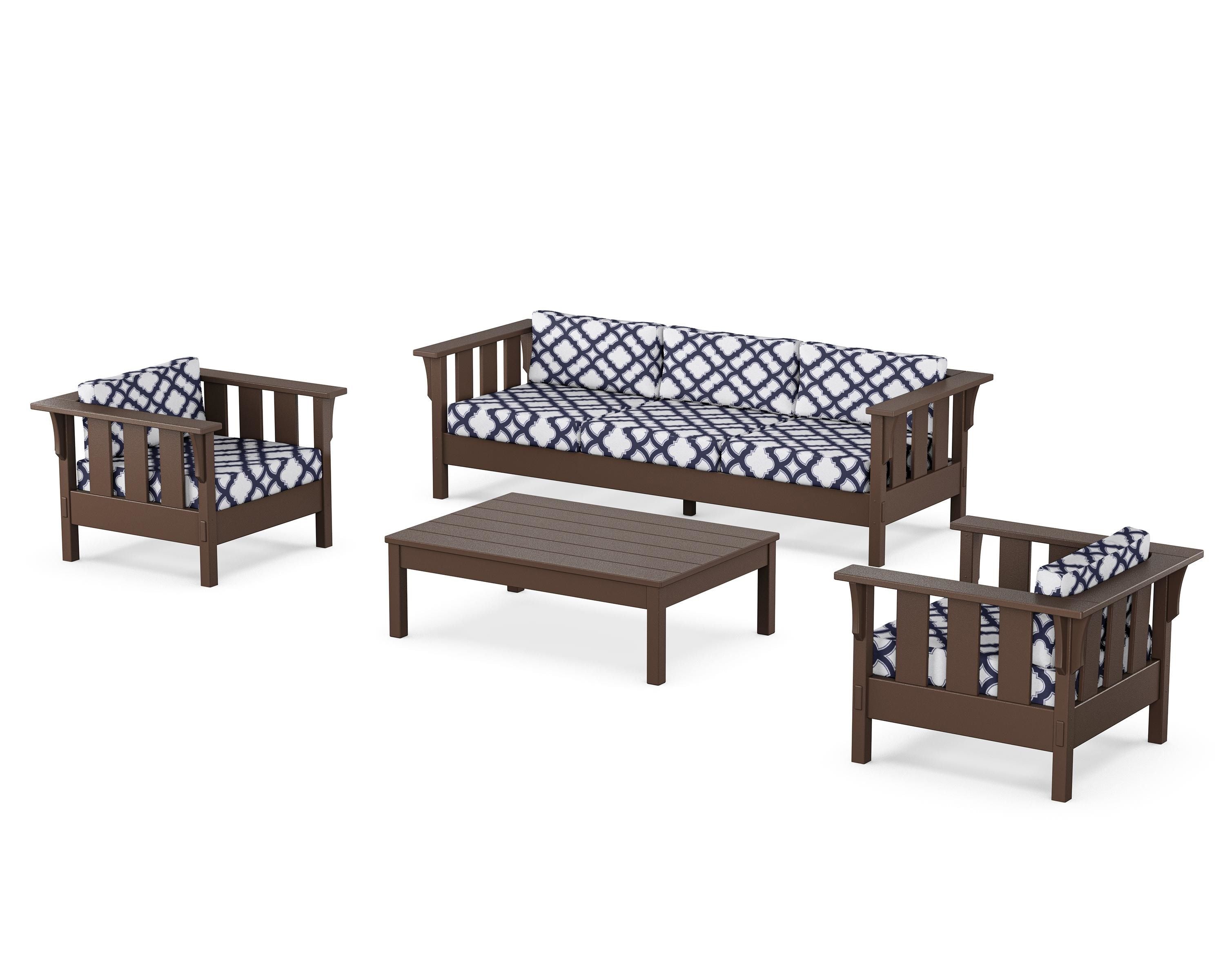 Martha Stewart by POLYWOOD® Acadia 4-Piece Deep Seating Set with Sofa in Mahogany / Trellis Navy