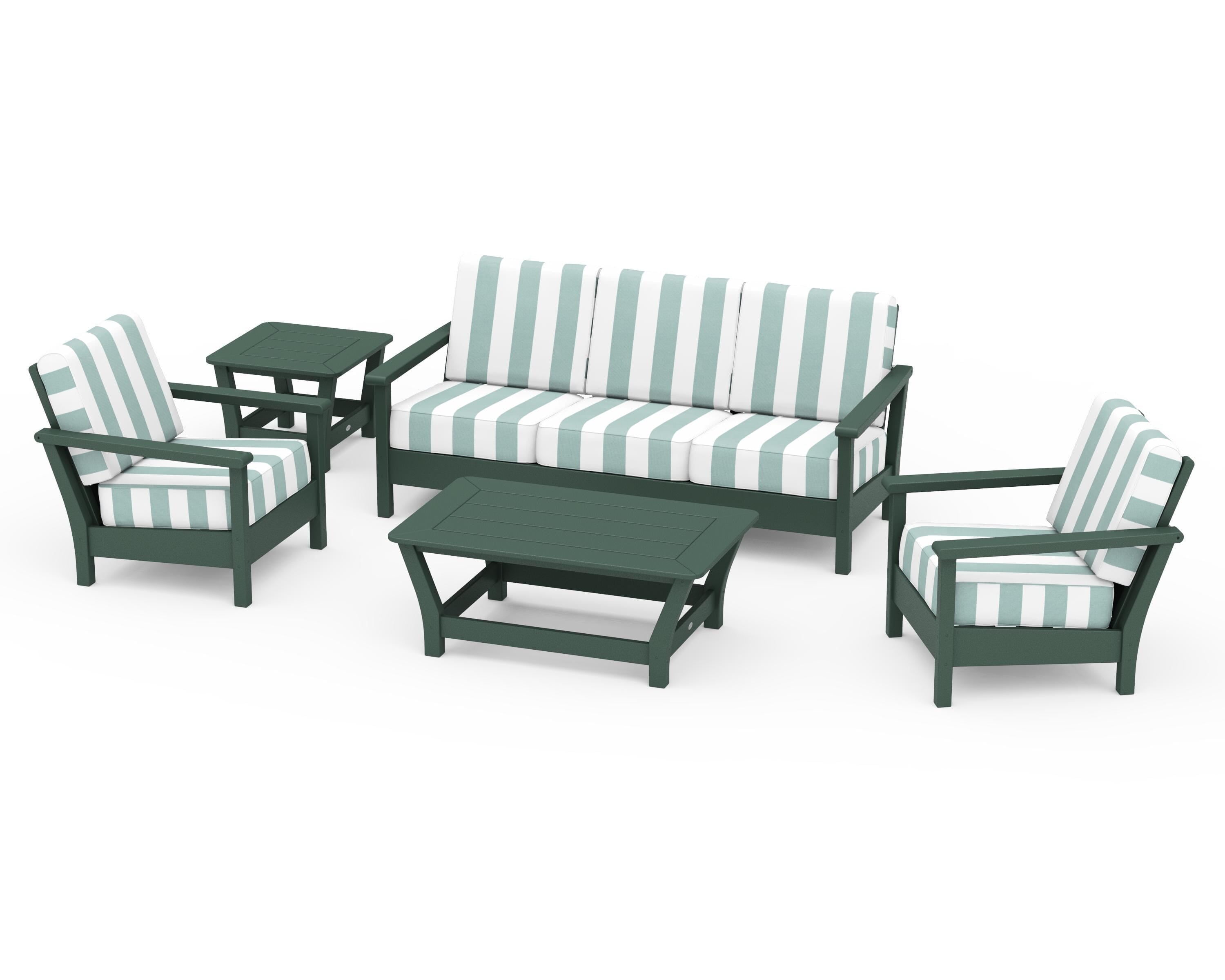POLYWOOD® Harbour 5-Piece Deep Seating Set in Green / Cabana Stripe Glacier Spa