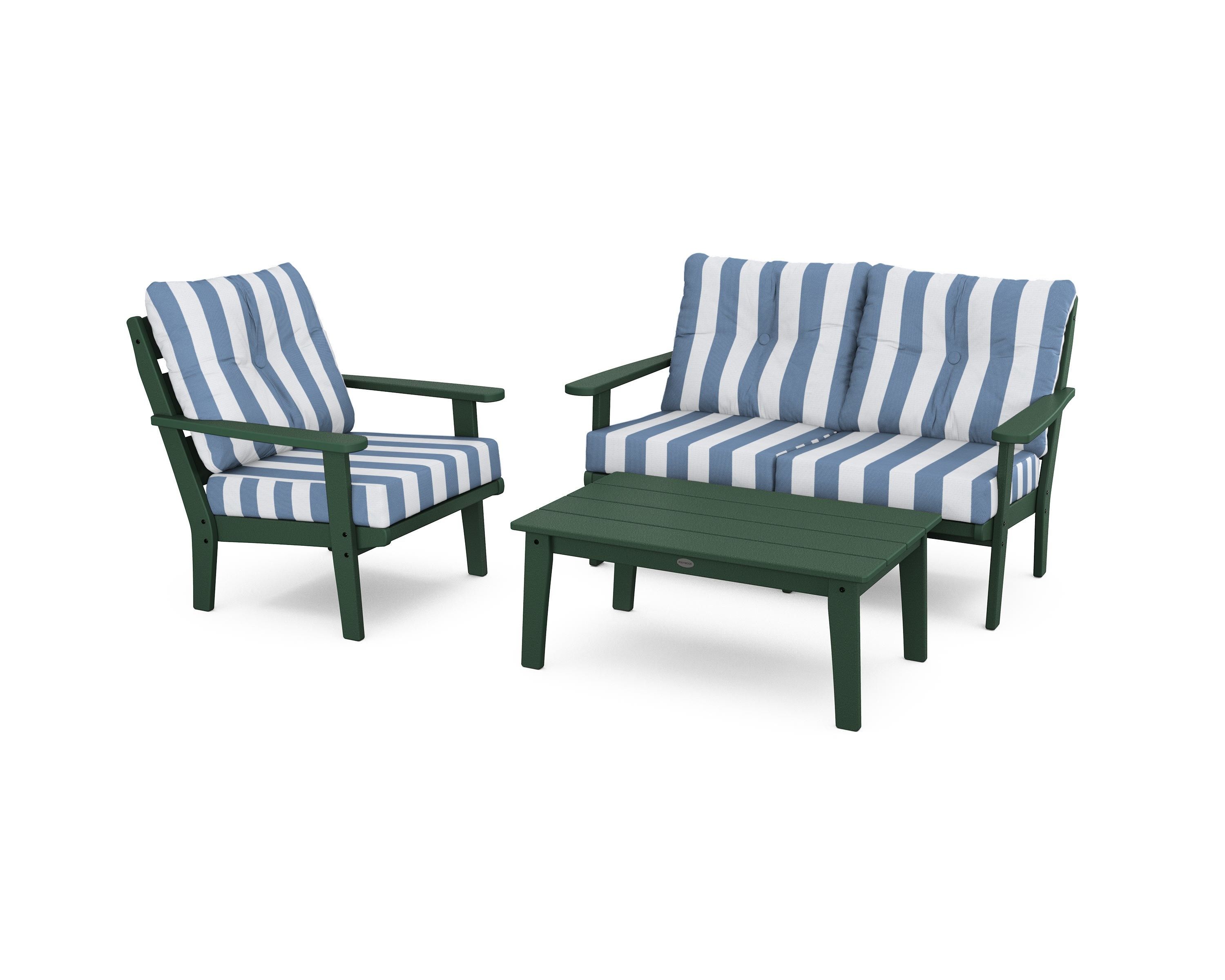 POLYWOOD® Lakeside 3-Piece Deep Seating Set in Green / Cabana Stripe Sky Blue