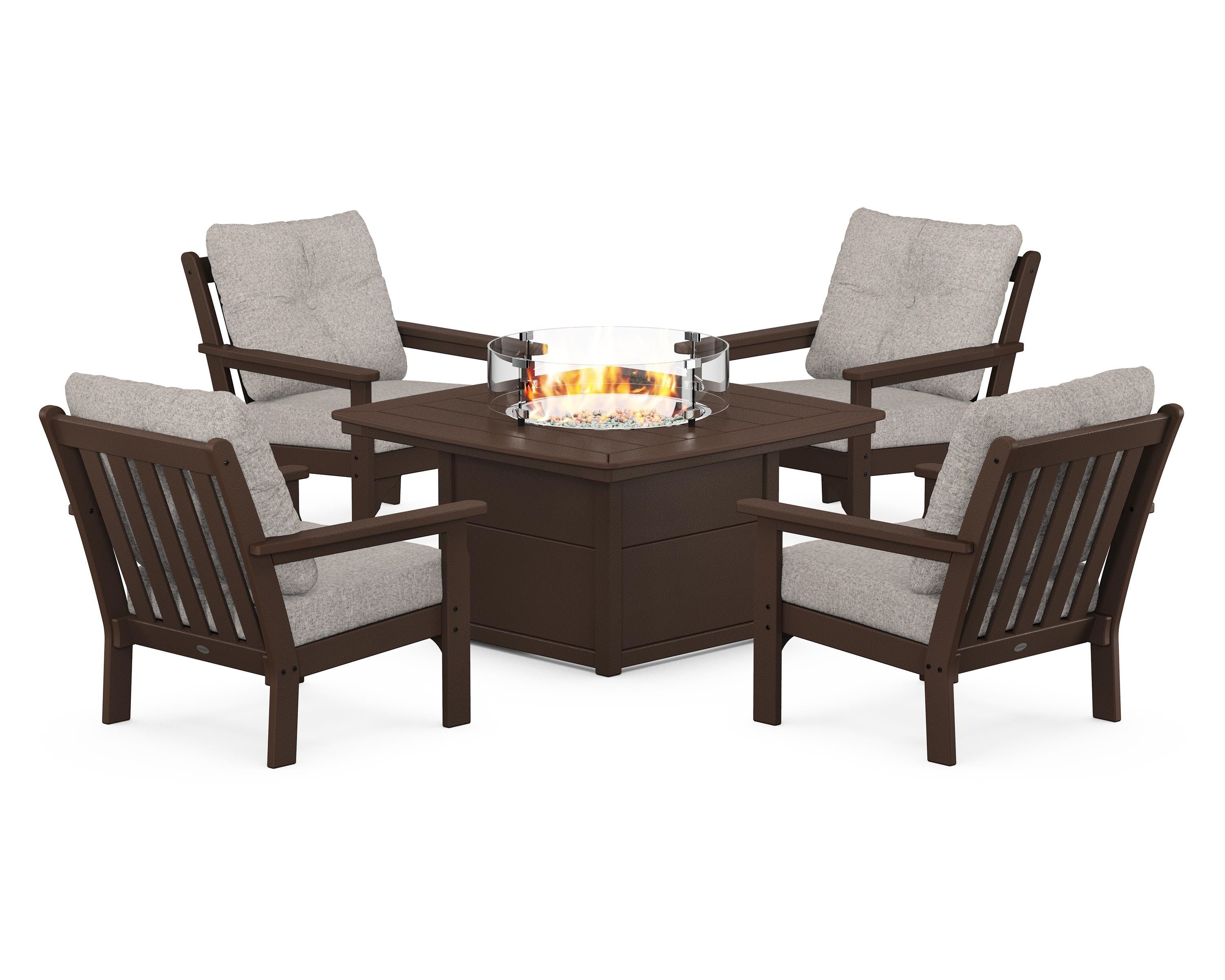 POLYWOOD® Vineyard 5-Piece Conversation Set with Fire Pit Table in Mahogany / Weathered Tweed