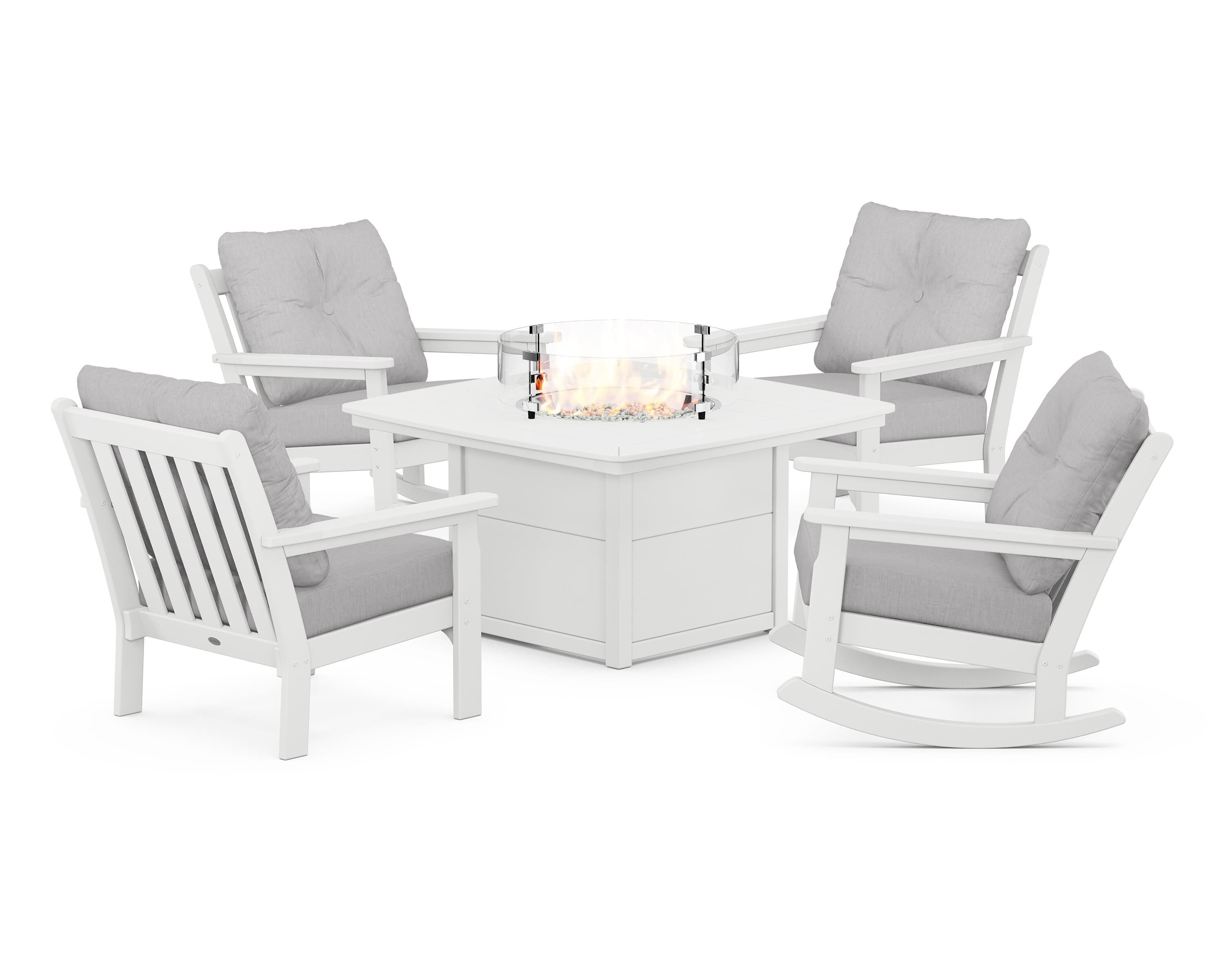 POLYWOOD® Vineyard 5-Piece Deep Seating Rocking Chair Conversation Set with Fire Pit Table in White / Granite