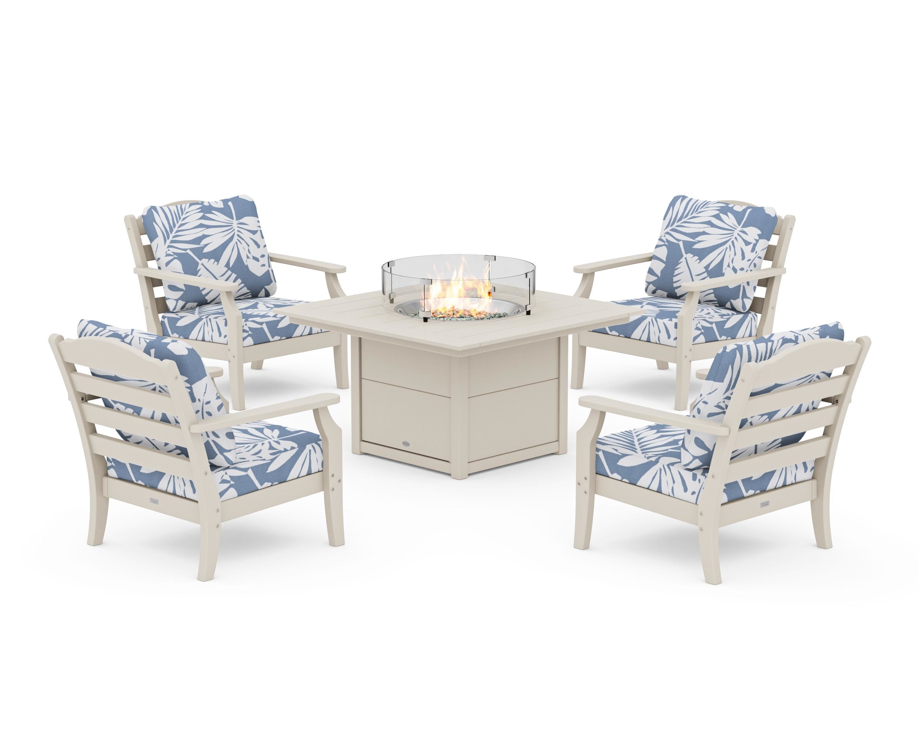 Draper James™ by POLYWOOD® Savannah 5-Piece Deep Seating Set with Fire Pit Table in Sand / Leaf Sky Blue