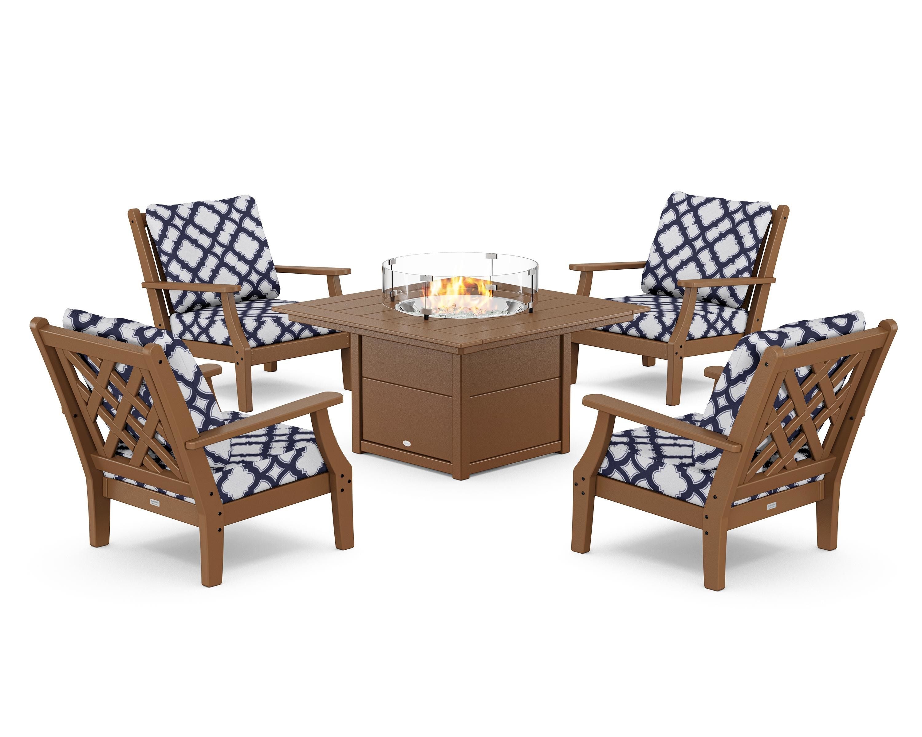 Country Living Wovendale 5-Piece Deep Seating Set with Fire Pit Table in Teak / Trellis Navy