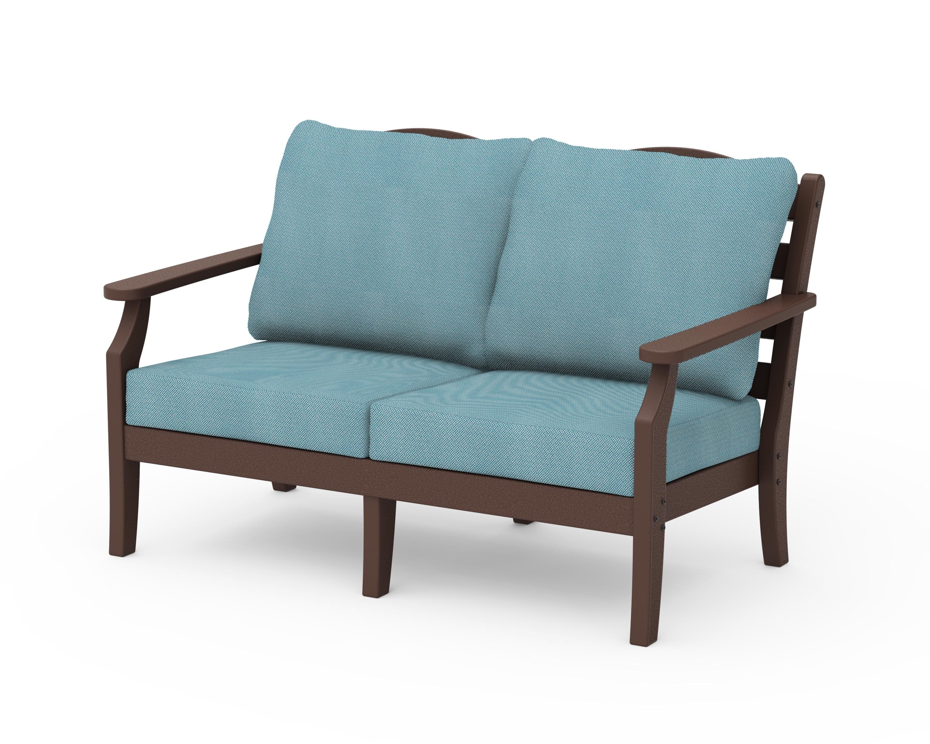 Draper James™ by POLYWOOD® Savannah Deep Seating Loveseat in Mahogany / Lattice Sky Blue