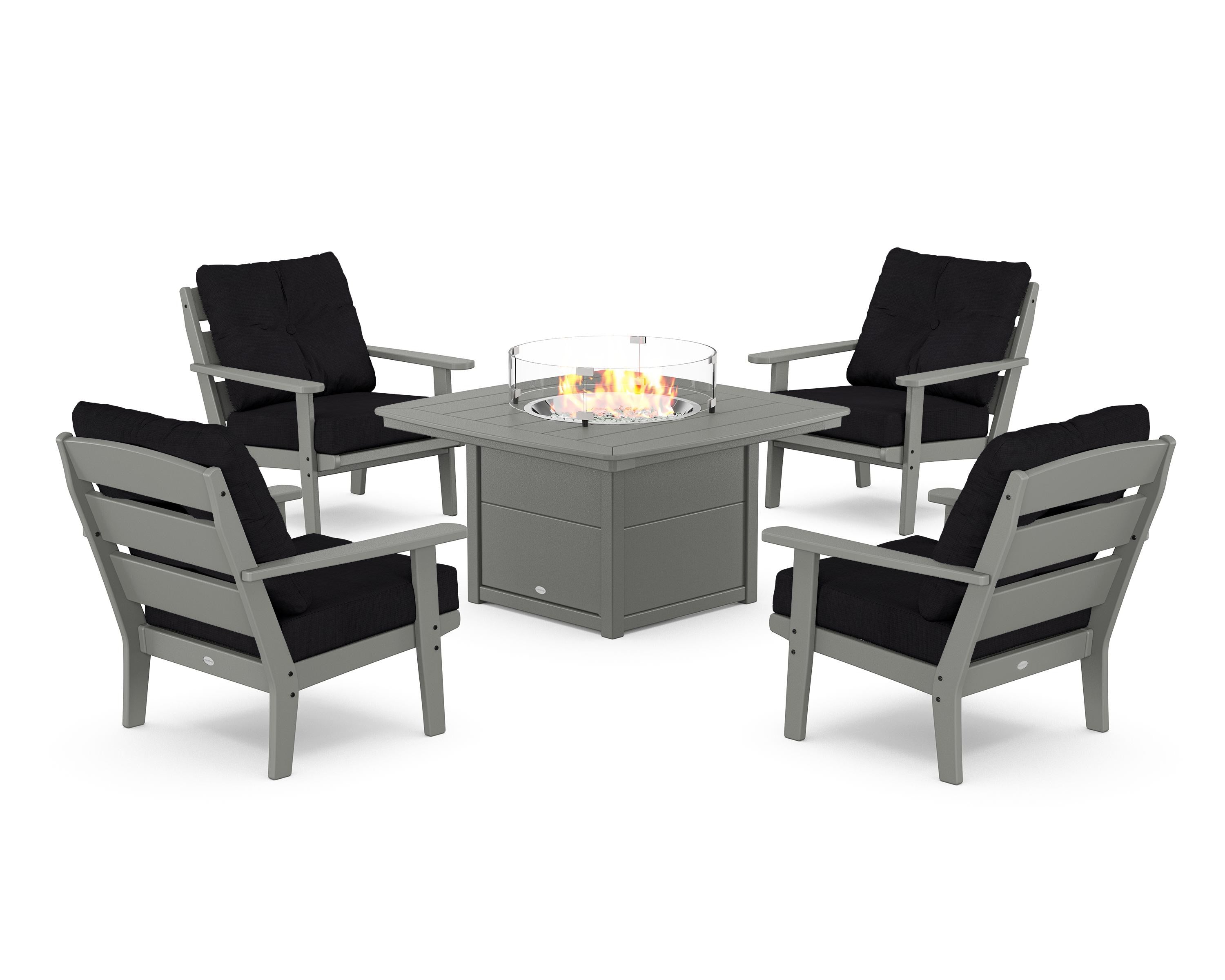 POLYWOOD® Lakeside 5-Piece Deep Seating Set with Nautical Fire Pit Table in Slate Grey / Midnight Linen